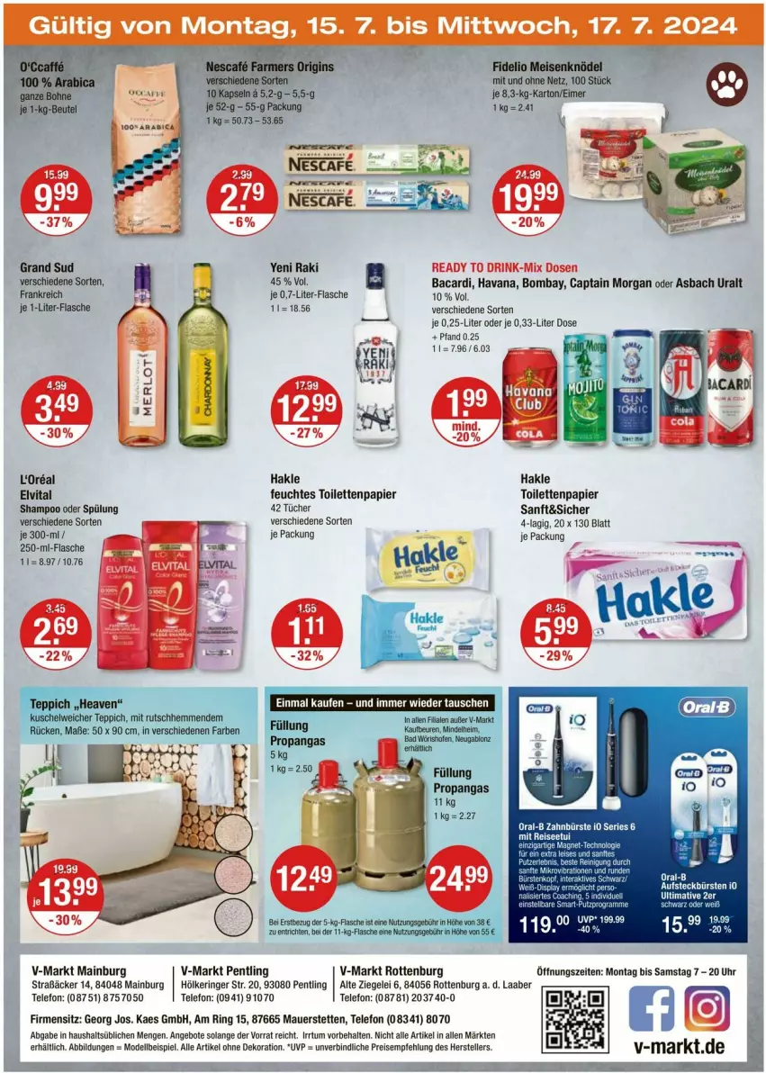 Aktueller Prospekt Vmarkt - Prospekte - von 11.07 bis 17.07.2024 - strona 20 - produkty: alle artikel ohne dekoration, angebot, angebote, asbach uralt, auer, aufsteckbürsten, bacardi, Bad, bohne, bürste, bürsten, Cap, captain morgan, dekoration, dell, eimer, eis, elle, elvital, feuchtes toilettenpapier, flasche, grand sud, hakle, je 1-liter-flasche, kaes, Knödel, Meisenknödel, Mode, nescafe, Ofen, oral-b, papier, Reinigung, reis, rel, ring, shampoo, shampoo oder spülung, spülung, telefon, teller, teppich, Ti, toilettenpapier, tücher, uhr, vita, yeni raki