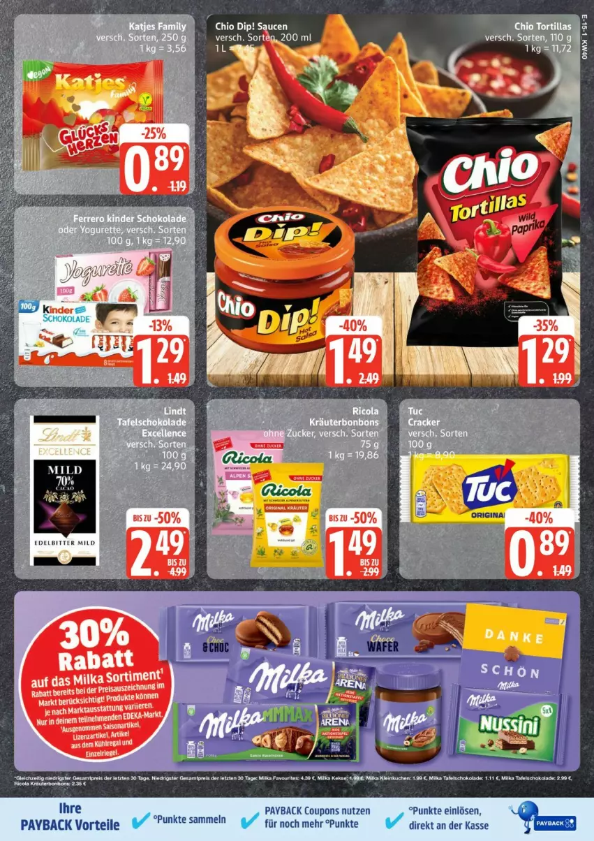 Aktueller Prospekt Edeka - Prospekte - von 29.09 bis 04.10.2025 - strona 15 - produkty: bonbons, cola, coupon, coupons, eis, keks, kekse, kräuter, kuchen, milka, payback, reis, Ricola, schoko, schokolade, tafelschokolade, Ti, tortilla, tortillas, ZTE
