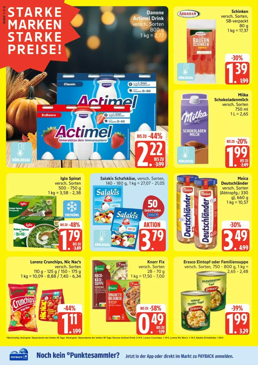Aktueller Prospekt Edeka - Prospekte - von 29.09 bis 04.10.2025 - strona 2 - produkty: chips, crunchips, drink, eintopf, eis, erasco, iglo, Käse, knorr, knorr fix, LG, lorenz, lorenz crunchips, meica, milch, milka, milka schokolade, nic nac's, payback, salakis, schafskäse, schinken, schoko, schokolade, schokoladen, spinat, suppe, tee, tesa, topf, ZTE
