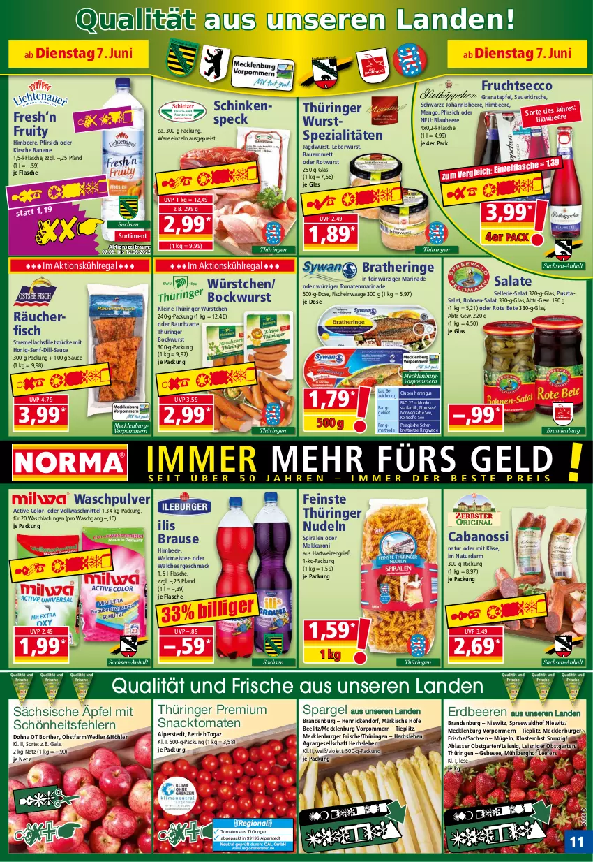 Aktueller Prospekt Norma - Norma - von 07.06 bis 14.06.2022 - strona 11 - produkty: apfel, auer, banane, Bau, Bauer, beere, beeren, Blaubeer, blaubeere, bockwurst, bohne, bohnen, Bratheringe, brause, burger, Cabanossi, ecco, eis, elle, erdbeere, erdbeeren, filet, filets, fisch, fische, flasche, frucht, fruchtsecco, Garten, grana, granatapfel, hartweizen, hering, himbeer, himbeere, honig, Honig-Senf, HP, jagdwurst, johannisbeere, Käse, kirsch, kirsche, kühlregal, lachs, lachsfilet, lachsfilets, leberwurst, leine, mac, mango, marinade, Meister, Mett, natur, Nordsee, nudel, nudeln, obst, obstgarten, pfirsich, Pusztasalat, Rana, Rauch, regal, reis, ring, rote bete, Rotwurst, rwe, sac, salat, salate, sauce, schinken, schinkenspeck, senf, snack, spargel, Speck, Spezi, spreewaldhof, Ti, tiefpreis, tisch, tomate, tomaten, vollwaschmittel, Waage, waldmeister, waschmittel, Waschpulver, wurst, würstchen