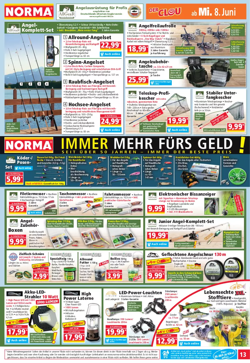 Aktueller Prospekt Norma - Norma - von 07.06 bis 14.06.2022 - strona 13 - produkty: akku, asti, auer, aufbewahrungsbox, auto, Bank, batterie, batterien, Bebe, beere, Brei, brie, edelstahl, eis, Elektro, elle, erdbeere, filet, fisch, fische, forelle, gin, gürteltasche, Holz, HP, Kescher, Knicklicht, kraft, Kugel, ladegerät, Lampe, laterne, leds, Leuchte, leuchten, LG, messer, ndk, powerbank, reis, rel, Ria, ring, sac, Signal, Spezi, Sport, Stier, Tasche, taschen, Teleskop, Ti, Tiere, tisch, tragetasche, usb, vanille, wasser, Wels, Zander