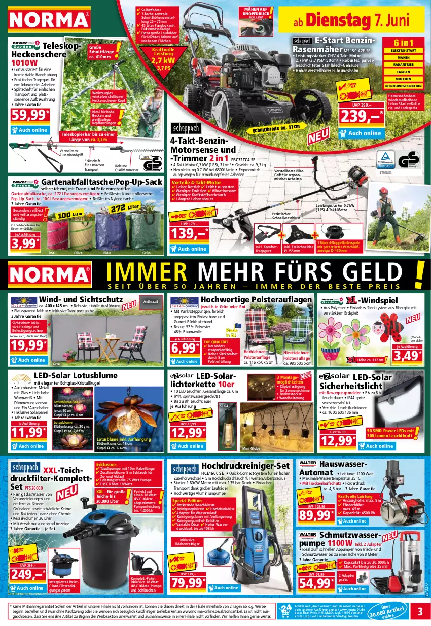 Aktueller Prospekt Norma - Norma - von 07.06 bis 14.06.2022 - strona 3 - produkty: adapter, auer, aust, auto, batterie, Bau, baumwolle, Bebe, Behälter, blume, Blüte, Brei, bürste, dell, eis, Elektro, elle, erde, Garten, gin, heckenschere, hering, hochdruckreiniger, HP, Kette, kraft, Kranz, Kugel, ladegerät, laufräder, leds, Leuchte, leuchten, LG, lichterkette, messer, Mode, Motorsense, ndk, olive, rasen, rasenmäher, Rauch, reiniger, Reinigung, reinigungsbürste, Reinigungsmittel, reis, Ria, ring, rwe, sac, Schal, Schere, schirme, schlauch, schläuche, sonnenschirm, Spiele, Sport, sporttasche, Stühl, Tasche, Teleskop, Ti, Tiere, tisch, usb, wandhalterung, wasser, werkzeug, wolle