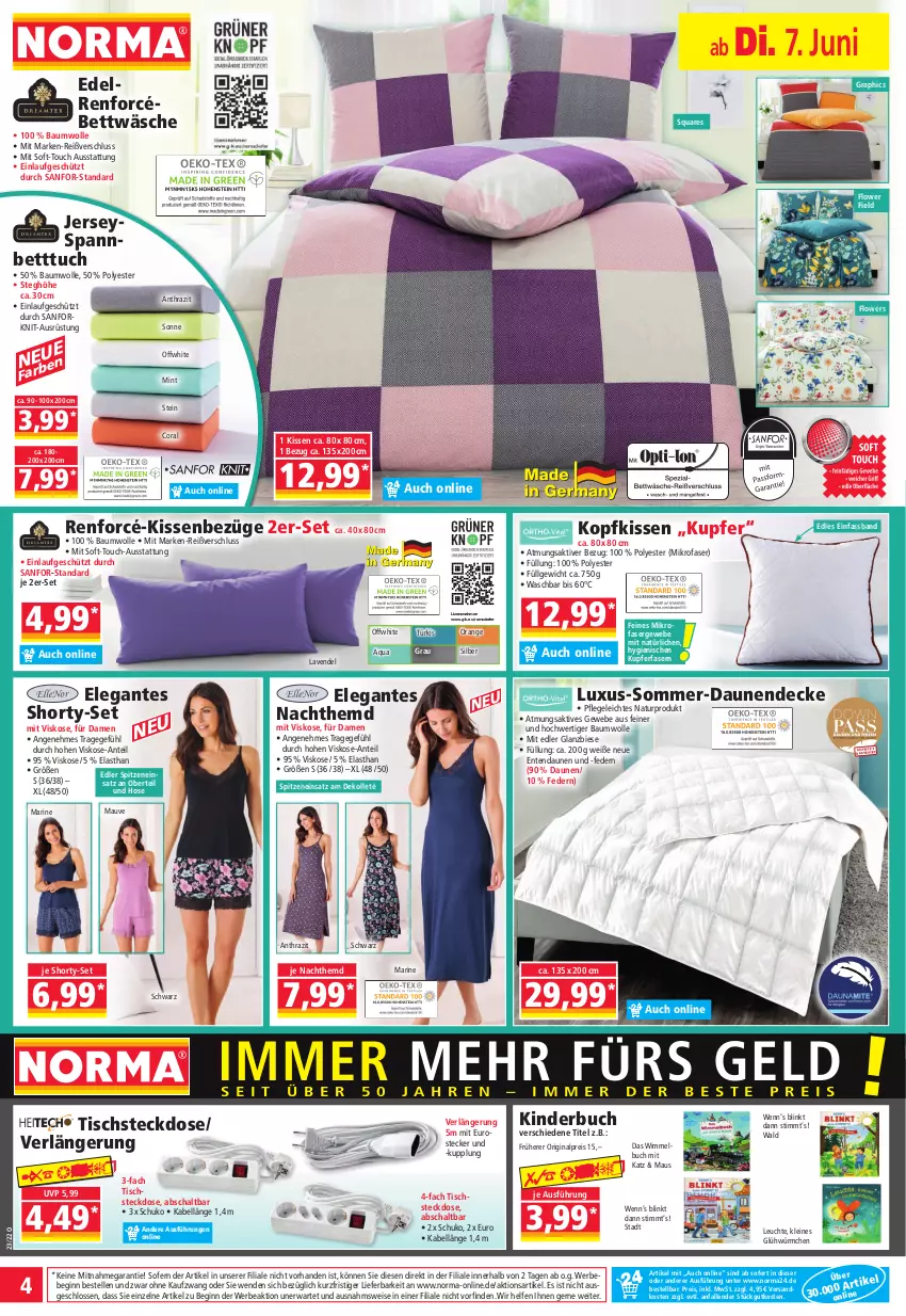 Aktueller Prospekt Norma - Norma - von 07.06 bis 14.06.2022 - strona 4 - produkty: aqua, Bau, baumwolle, Bebe, bett, Betttuch, bettwäsche, buch, Coral, decke, eis, elle, ente, Flowers, gin, hemd, hose, Kinder, Kinderbuch, kissen, kopfkissen, lavendel, leine, Leuchte, LG, Maus, mikrofaser, mint, Nachthemd, natur, ndk, orange, reis, Schal, shorty, spannbetttuch, steckdose, Ti, tisch, tuc, wolle