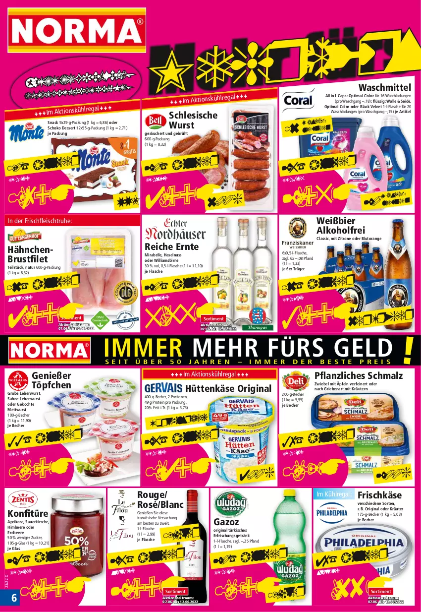 Aktueller Prospekt Norma - Norma - von 07.06 bis 14.06.2022 - strona 6 - produkty: alkohol, aprikose, auer, Becher, beere, bier, Blutorange, brustfilet, Cap, dessert, eis, elle, erdbeere, erfrischungsgetränk, filet, flasche, fleisch, frischkäse, getränk, gin, hähnchenbrust, hähnchenbrustfilet, haselnuss, himbeer, himbeere, Käse, kirsch, kirsche, konfitüre, kräuter, kräutern, kühlregal, lack, leberwurst, malz, Mett, mettwurst, natur, nuss, oder kräuter, orange, regal, ring, rouge, sahne, Schmalz, schoko, snack, Ti, Töpfchen, velvet, waschmittel, wolle, wurst, zitrone, zucker, zwiebel