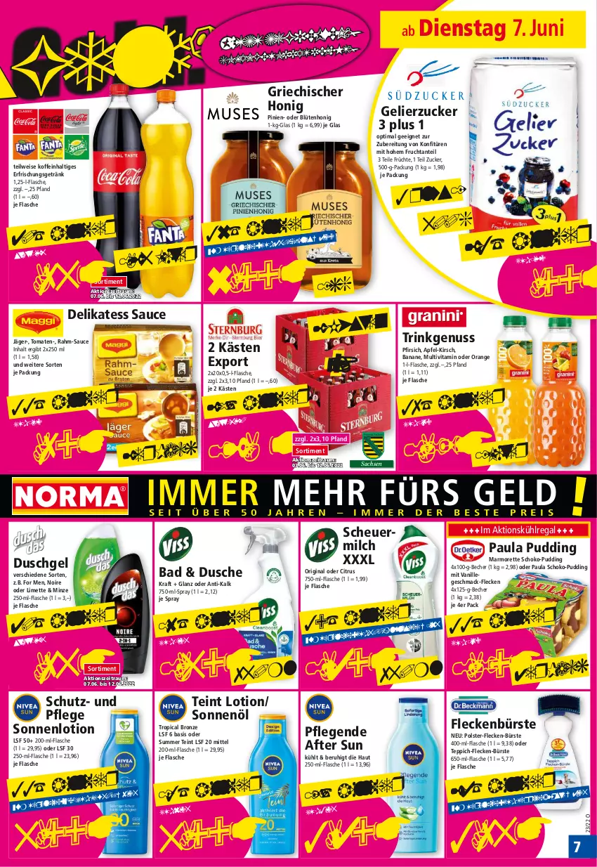 Aktueller Prospekt Norma - Norma - von 07.06 bis 14.06.2022 - strona 7 - produkty: after sun, apfel, Bad, banane, Becher, Blüte, blütenhonig, bürste, citrus, delikatess sauce, dusche, duschgel, eis, erfrischungsgetränk, flasche, frucht, früchte, gelierzucker, getränk, gin, Heu, honig, kirsch, konfitüre, konfitüren, kraft, kühlregal, limette, Lotion, mac, marmorette, Mett, milch, minze, nuss, orange, Paula, paula pudding, pfirsich, pudding, regal, sac, sauce, scheuermilch, schoko, teppich, Ti, tomate, tomaten, vanille, vita, zucker