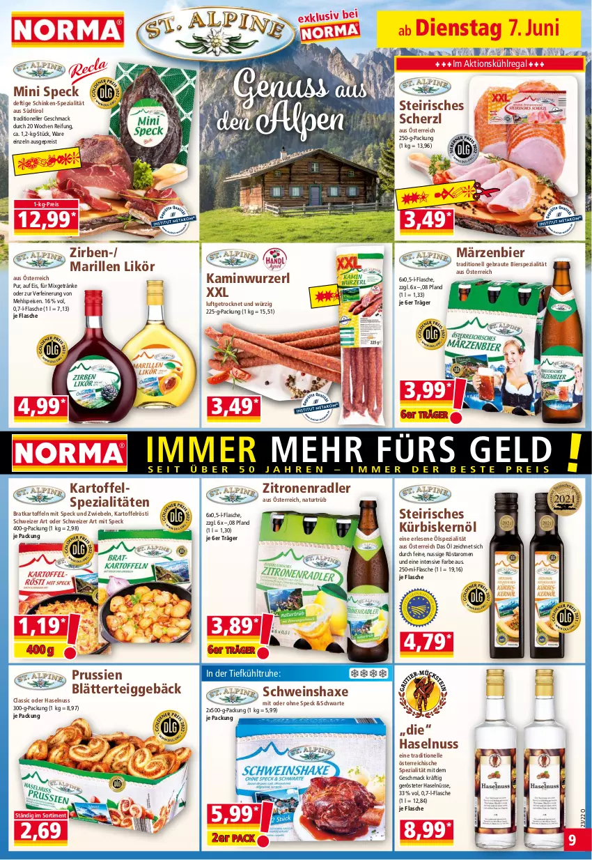 Aktueller Prospekt Norma - Norma - von 07.06 bis 14.06.2022 - strona 9 - produkty: axe, bier, blätterteig, blätterteiggebäck, eis, elle, flasche, getränk, getränke, haselnuss, Haxe, Kamin, Kaminwurz, kartoffel, kartoffeln, kühlregal, Kürbis, Kürbiskernöl, likör, mac, mehl, Mixgetränk, natur, nuss, radler, regal, reis, schinken, schwein, Speck, Spezi, Ti, wein, zitrone, zitronen, zwiebel, zwiebeln