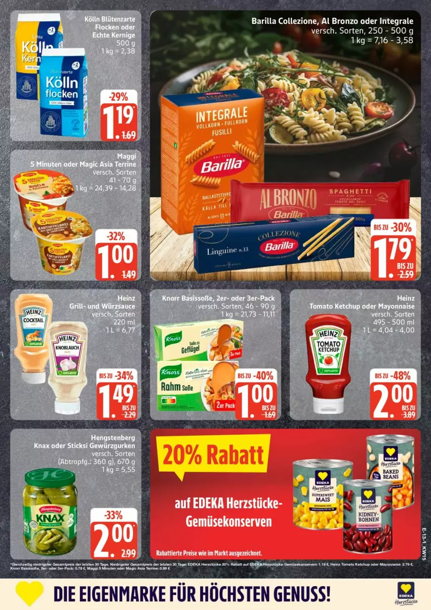 Aktueller Prospekt Edeka - Prospekte - von 06.04 bis 11.04.2026 - strona 13 - produkty: barilla, deka, eis, Gemüsekonserve, heinz, ketchup, kidney, knorr, kölln, Konserven, maggi, mayonnaise, nuss, reis, Soße, Ti, tomato ketchup, Yo, ZTE