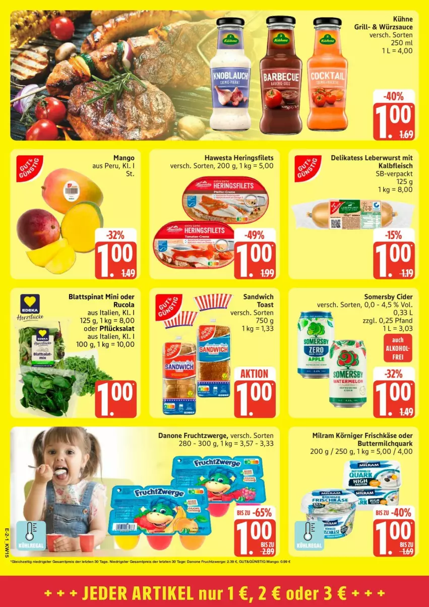 Aktueller Prospekt Edeka - Prospekte - von 06.04 bis 11.04.2026 - strona 2 - produkty: blattspinat, butter, buttermilch, cider, cola, danone, danone fruchtzwerge, eis, filet, filets, fleisch, frischkäse, frucht, fruchtzwerge, grill, hawesta, hering, Herings, heringsfilets, Kalbfleisch, Käse, Körniger Frischkäse, Kühne, leberwurst, mango, milch, milram, mit kalbfleisch, quark, ring, rucola, salat, sandwich, sauce, somersby, spinat, toast, wurst, würzsauce, Yo, ZTE