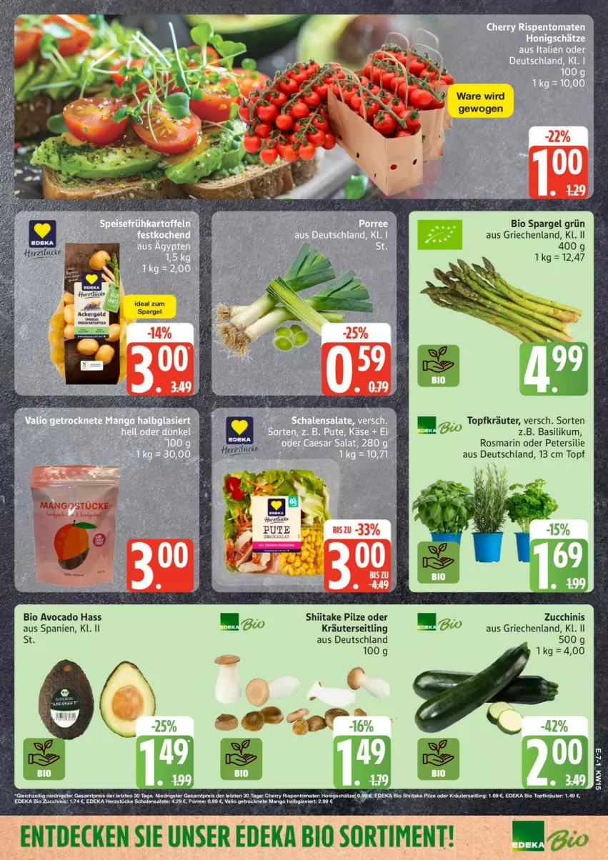 Aktueller Prospekt Edeka - Prospekte - von 06.04 bis 11.04.2026 - strona 7 - produkty: avocado, basilikum, bio, decke, deka, edeka bio, kräuter, lack, Lacke, mango, petersilie, pilze, rosmarin, salat, salate, Schal, Schale, sim, spargel, spargel grün, Ti, topf, Topfkräuter, zucchini