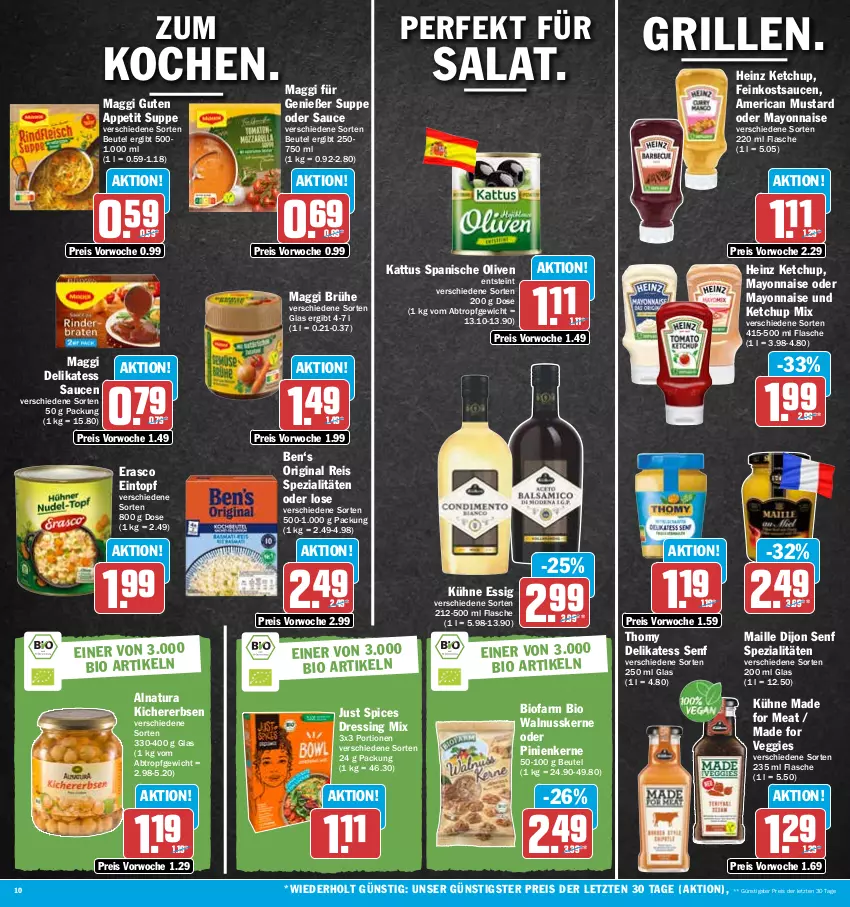 Aktueller Prospekt Hit - Prospekte - von 24.07 bis 29.07.2023 - strona 10 - produkty: beutel, bio, Brühe, delikatess sauce, delikatess senf, Dijon Senf, dressing, eintopf, eis, erasco, erbsen, essig, feinkost, flasche, gin, grill, heinz, ketchup, kichererbsen, Kühne, maggi, maille, mayonnaise, natur, natura, nuss, olive, oliven, pinienkerne, reis, salat, sauce, saucen, senf, Spezi, suppe, thomy, Ti, topf, veggie, walnuss, walnusskerne, Yo, ZTE