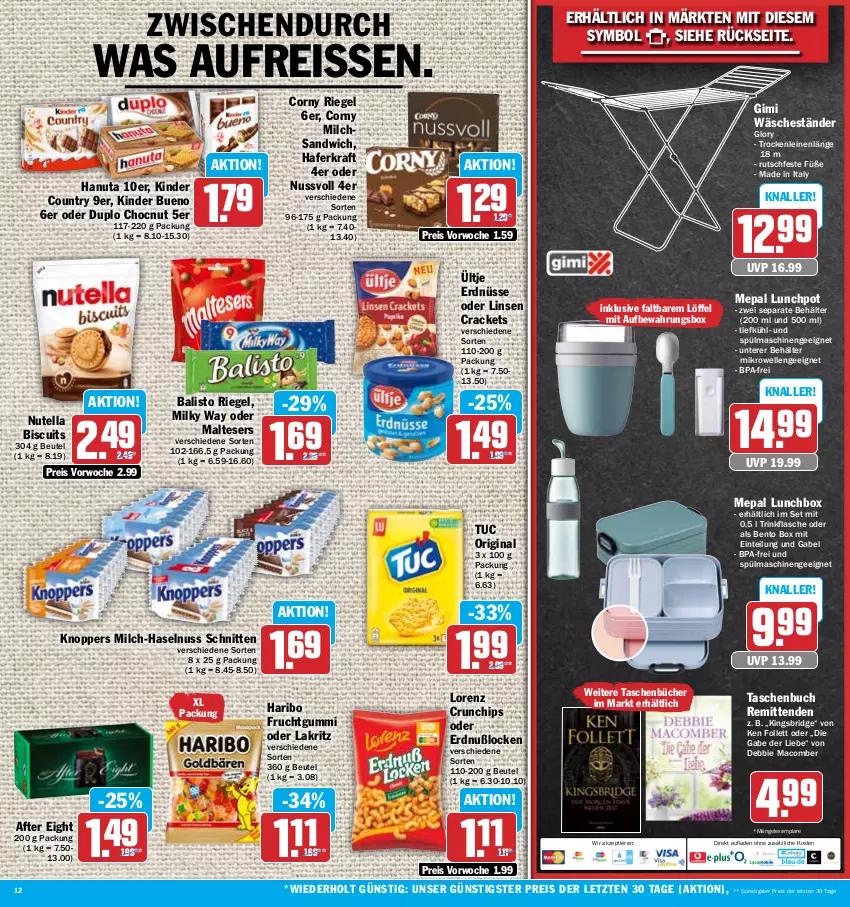 Aktueller Prospekt Hit - Prospekte - von 24.07 bis 29.07.2023 - strona 12 - produkty: after eight, aufbewahrungsbox, balisto, Behälter, beutel, buch, chips, corny, crunchips, duplo, eis, elle, erdnüsse, flasche, frucht, fruchtgummi, gabel, gin, hafer, hanuta, haribo, haselnuss, HP, Kinder, kinder bueno, kinder country, knoppers, kraft, Lakritz, leine, linsen, Löffel, lorenz, lorenz crunchips, lunchbox, mac, malteser, mikrowelle, milch, milky way, nuss, nutella, oder lakritz, reis, reiss, riegel, sandwich, schnitten, spülmaschinen, Tasche, taschen, Taschenbuch, Ti, Tiere, trinkflasche, tuc, ültje, ültje erdnüsse, ZTE