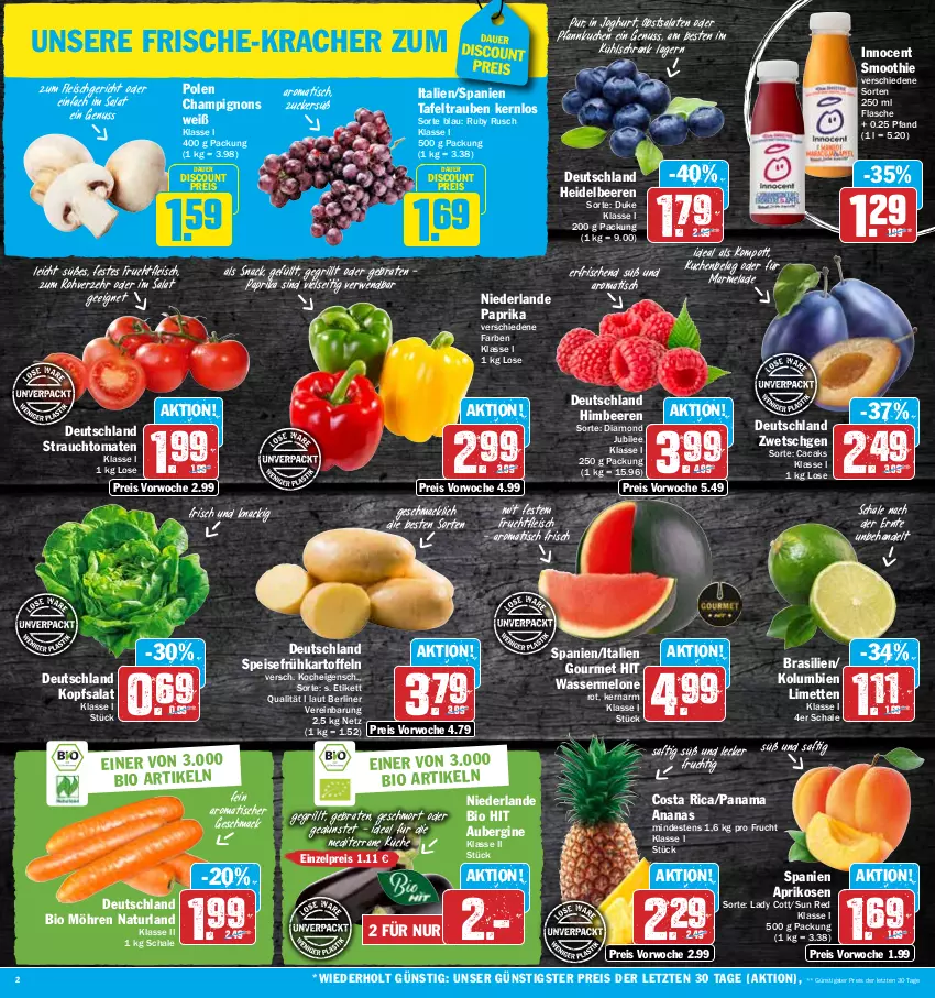 Aktueller Prospekt Hit - Prospekte - von 24.07 bis 29.07.2023 - strona 2 - produkty: ananas, aprikose, aprikosen, aubergine, auer, beere, beeren, berliner, bio, bio hit, braten, champignon, champignons, discount, eis, flasche, fleisch, frucht, fruchtfleisch, Frühkartoffeln, gin, grill, heidelbeere, heidelbeeren, himbeer, himbeere, himbeeren, Innocent, joghur, joghurt, kartoffel, kartoffeln, kopfsalat, kracher, küche, kuchen, kühlschrank, limette, limetten, mac, marmelade, melone, Mett, metten, möhren, natur, naturland, nuss, obst, paprika, Pfannkuchen, Rauch, reis, rwe, saft, salat, salate, Schal, Schale, Schrank, smoothie, snack, speisefrühkartoffeln, strauchtomaten, tafeltrauben, Ti, tisch, tomate, tomaten, trauben, wasser, wassermelone, ZTE, zucker