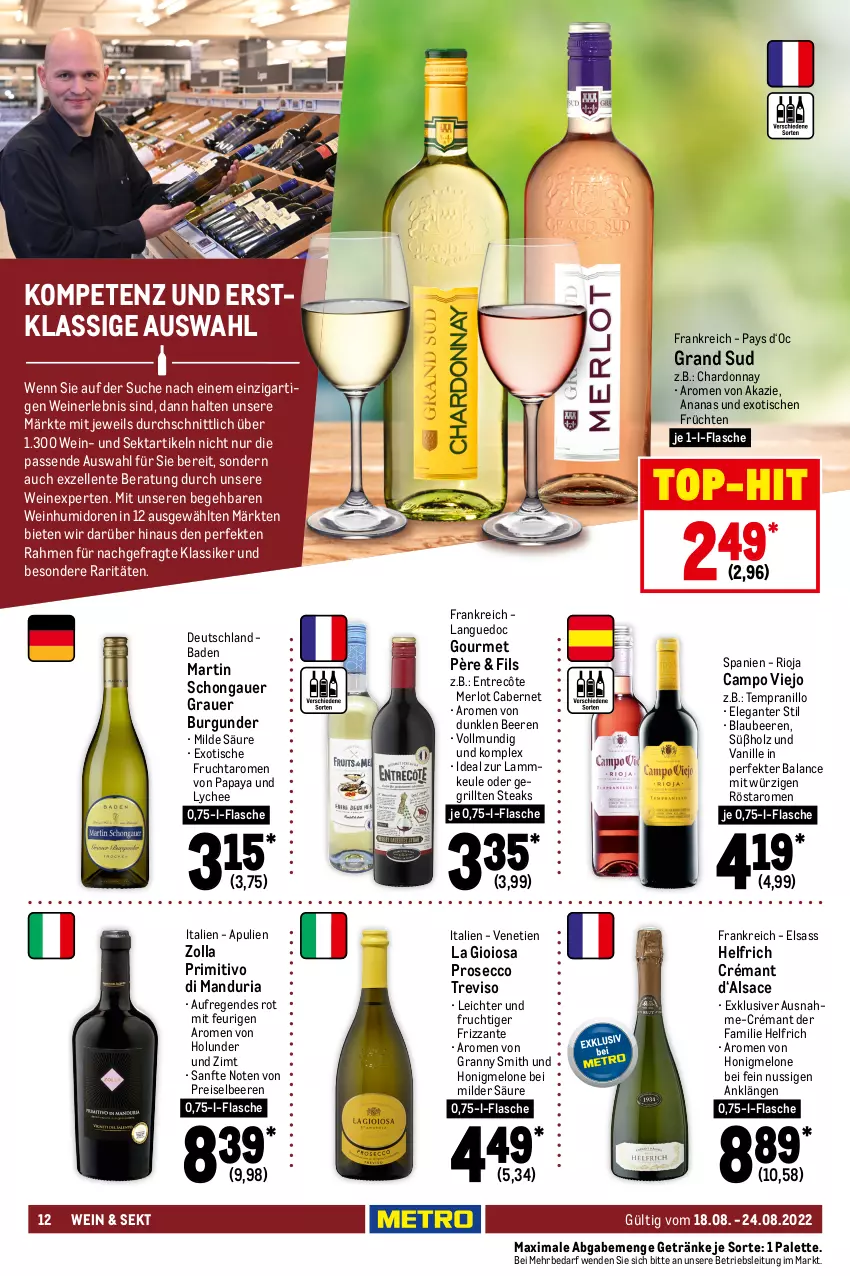 Aktueller Prospekt Metro - Food - von 18.08 bis 24.08.2022 - strona 12 - produkty: amaro, ananas, aperol, auer, averna, Bad, beere, beeren, Blaubeer, blaubeere, burgunder, cabernet, campo viejo, chantré, chardonnay, ecco, eis, elle, ente, entrecôte, flasche, frizzante, frucht, früchte, früchten, getränk, getränke, gin, grand sud, grauer burgunder, grill, holunder, Holz, honig, honigmelone, johnnie walker, korn, La Gioiosa, lamm, lammkeule, limo, melone, merl, merlot, nuss, osborne, Palette, Papaya, passo, primitivo, prosecco, reis, Ria, rioja, sac, sekt, spirituosen, steak, steaks, tempranillo, Ti, tisch, top-hit, vanille, veterano, wein, weinbrand, weine, weizenkorn