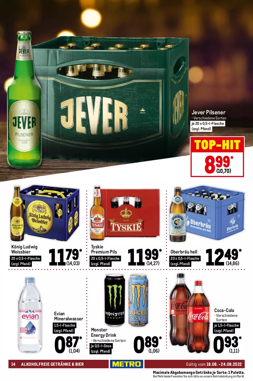 Aktueller Prospekt Metro - Food - von 18.08 bis 24.08.2022 - strona 14 - produkty: alkohol, alkoholfreie getränke, Alwa, bier, body, bodylotion, coca-cola, cola, creme, drink, duschgel, eis, elmex, energy drink, Finish, flasche, geschirr, geschirrspülmittel, getränk, getränke, Heu, je 500-ml-flasche, jever, jever pilsener, kosmetik, Lotion, milch, mineralwasser, monster, Monster Energy, nivea, Palette, papier, persil, pils, pilsener, premium pils, scheuermilch, spülmittel, Ti, toilettenpapier, top-hit, tyskie, vollwaschmittel, waschmittel, wasser, weichspüler, weissbier, zahncreme, zewa