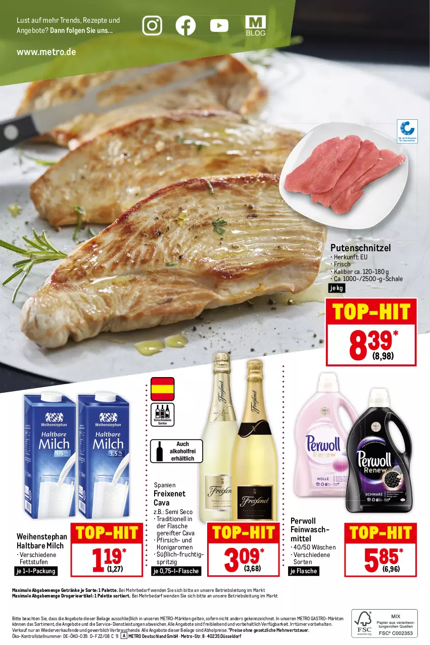 Aktueller Prospekt Metro - Food - von 18.08 bis 24.08.2022 - strona 16 - produkty: abholpreise, angebot, angebote, Cava, eis, feinwaschmittel, flasche, freixenet, frucht, getränk, getränke, haltbare milch, honig, ilag, LG, Metro, metro gastro, milch, Palette, perwoll, pfirsich, pute, putenschnitzel, Rauch, reis, rezept, rezepte, rwe, Schal, Schale, schnitzel, Ti, top-hit, waschmittel, weihenstephan