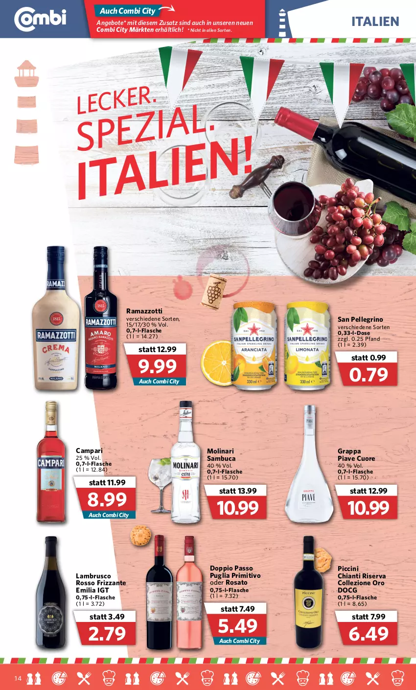 Aktueller Prospekt Combi - Prospekte - von 14.02 bis 19.02.2022 - strona 14 - produkty: angebot, angebote, campari, chia, chianti, cin, doppio passo, elle, flasche, frizzante, grappa, Lambrusco, Molinari, passo, primitivo, rama, ramazzott, ramazzotti, riserva, rosato, sambuca, san pellegrino, Ti, zott