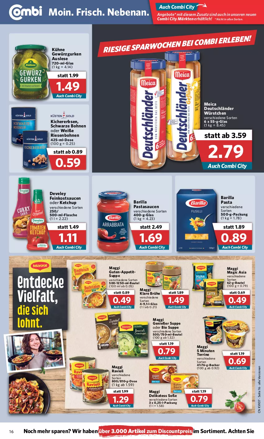 Aktueller Prospekt Combi - Prospekte - von 14.02 bis 19.02.2022 - strona 16 - produkty: angebot, angebote, barilla, Becher, beutel, bio, bohne, bohnen, Brühe, decke, develey, discount, eis, erbsen, feinkost, flasche, gewürz, Gewürzgurke, gewürzgurken, gurke, gurken, ketchup, kichererbsen, Kühne, maggi, meica, pasta, ravioli, reis, sauce, saucen, Soße, suppe, terrine, Ti, würstchen