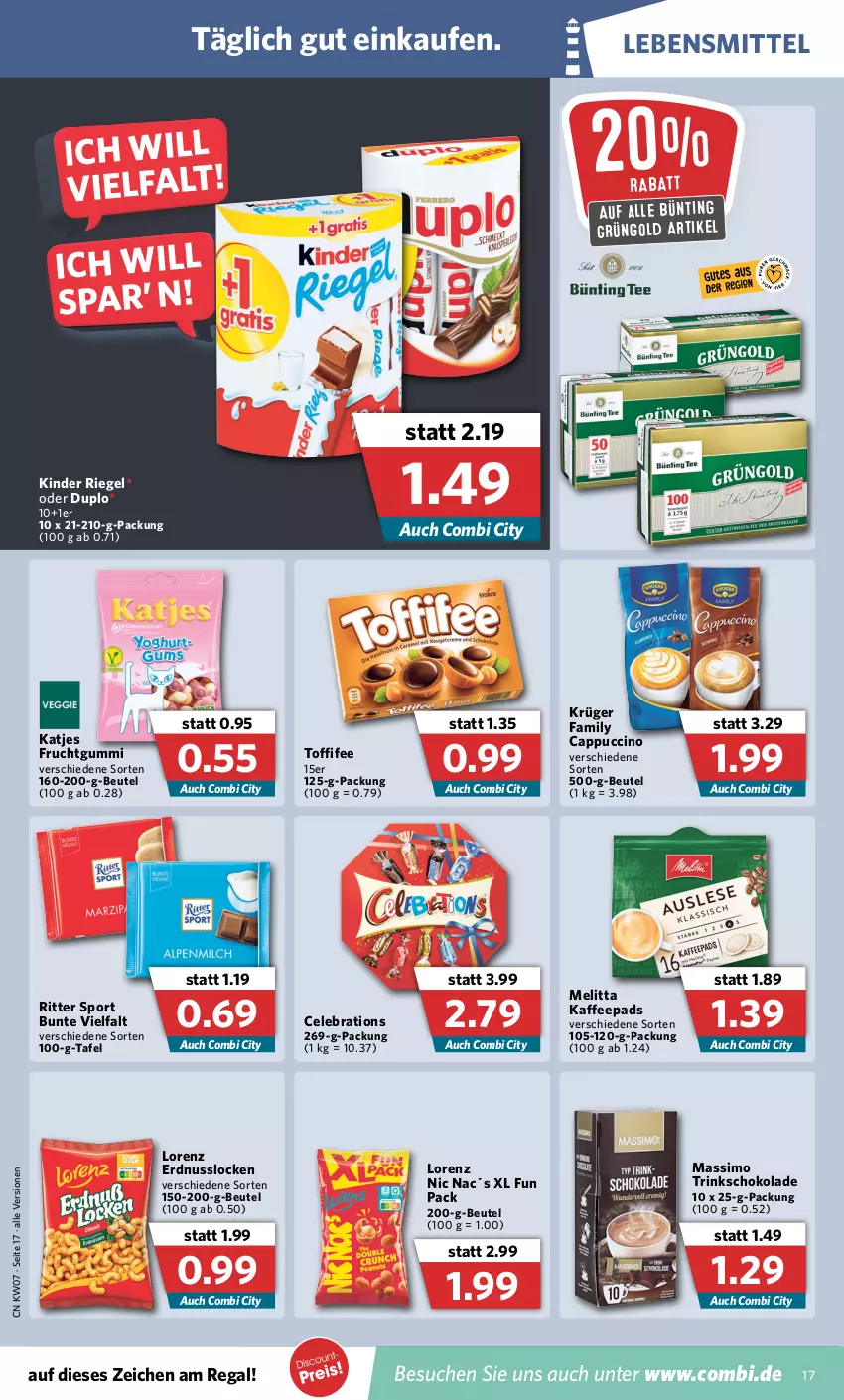 Aktueller Prospekt Combi - Prospekte - von 14.02 bis 19.02.2022 - strona 17 - produkty: beutel, Cap, cappuccino, cin, duplo, erdnuss, frucht, fruchtgummi, kaffee, kaffeepads, katjes, Kinder, kinder riegel, krüger, lebensmittel, lorenz, melitta, nuss, regal, riegel, ritter, ritter sport, schoko, schokolade, sim, Sport, Ti, toffifee