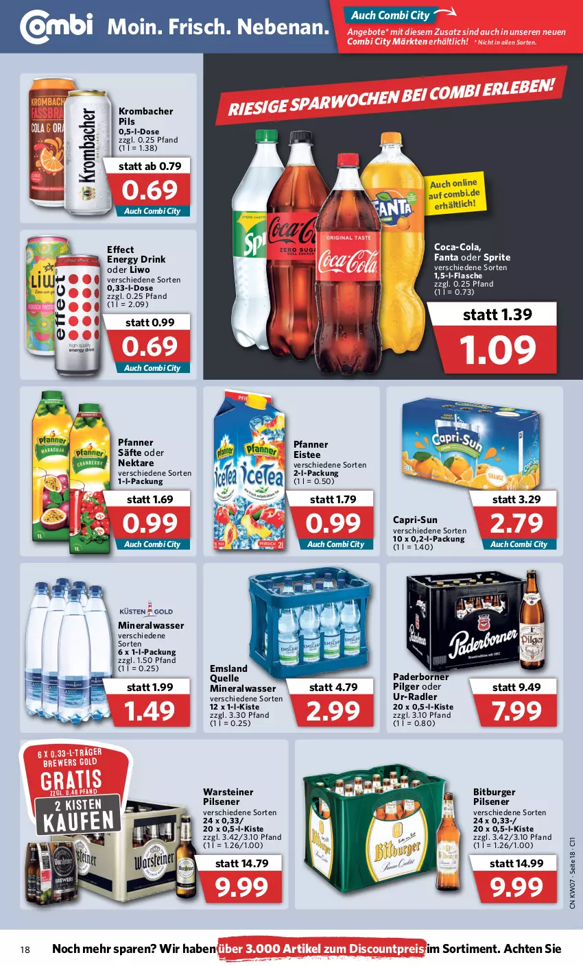 Aktueller Prospekt Combi - Prospekte - von 14.02 bis 19.02.2022 - strona 18 - produkty: Alwa, angebot, angebote, bitburger, bitburger pils, burger, Cap, capri-sun, coca-cola, cola, discount, drink, Effect, eis, eistee, elle, energy drink, fanta, fanta oder, fanta oder sprite, flasche, krombache, krombacher, krombacher pils, LG, mineralwasser, Nektar, oder sprite, pfanne, Pfanner, pils, pilsener, radler, reis, säfte, sprite, steiner, tee, Ti, warsteiner, wasser