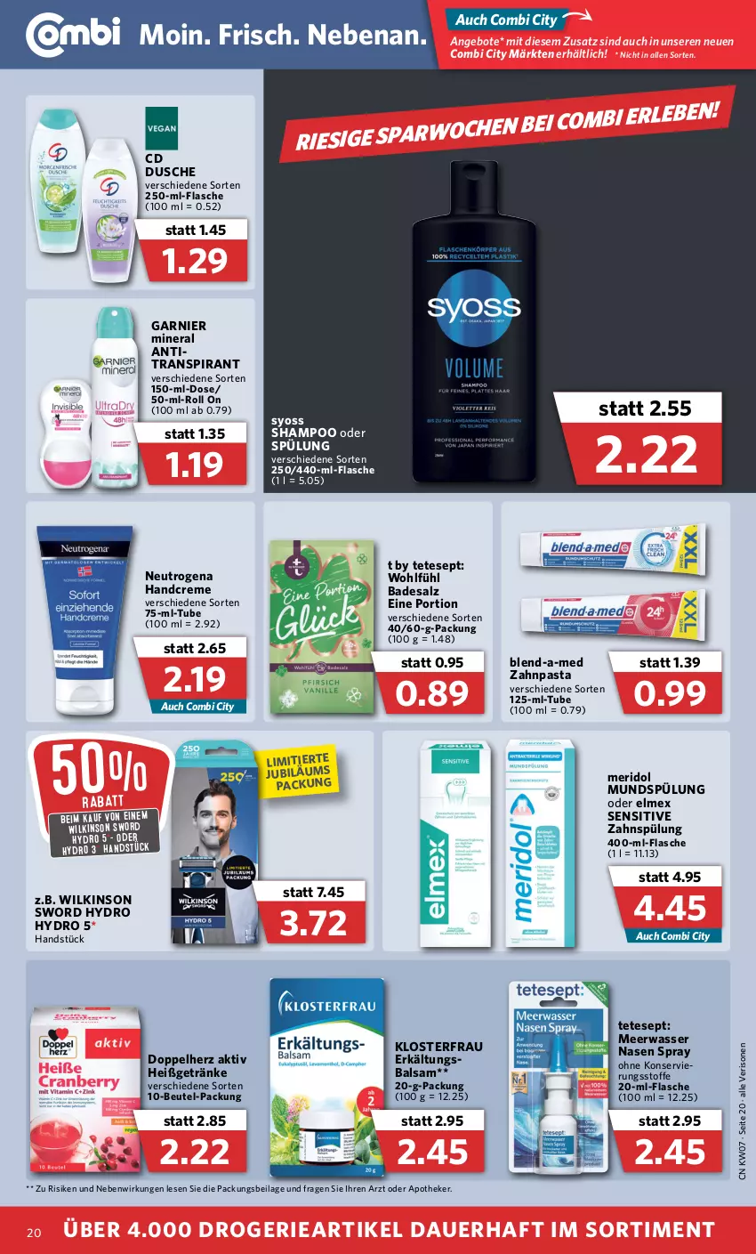 Aktueller Prospekt Combi - Prospekte - von 14.02 bis 19.02.2022 - strona 20 - produkty: angebot, angebote, Antitranspirant, Apotheke, auer, Bad, balsam, beutel, blend-a-med, creme, doppelherz, dusche, elmex, Erkältungs, flasche, garnier, getränk, getränke, handcreme, ilag, Jubiläums, Meerwasser, meridol, mundspülung, neutrogena, pasta, salz, shampoo, shampoo oder spülung, spülung, syoss, Ti, wasser, wilkinson, Yo, zahnpasta