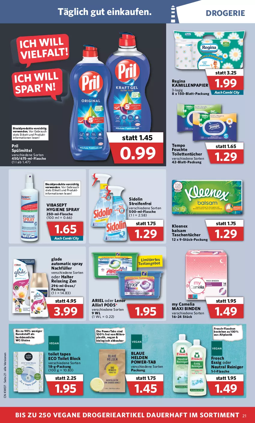 Aktueller Prospekt Combi - Prospekte - von 14.02 bis 19.02.2022 - strona 21 - produkty: Abba, angebot, ariel, asti, auer, auto, balsam, Bau, binden, bio, biozidprodukte, camelia, essig, flasche, Frosch, gin, Glade, Kamill, kamille, lenor, papier, Pods, pril, Rauch, reifen, reiniger, rel, rwe, sidolin, spülmittel, Tasche, taschen, taschentücher, Tempo, Ti, tücher, WC-Steine