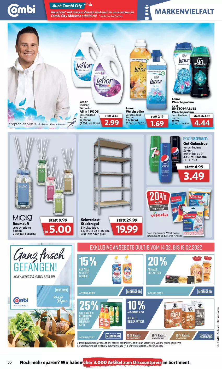 Aktueller Prospekt Combi - Prospekte - von 14.02 bis 19.02.2022 - strona 22 - produkty: angebot, angebote, discount, Eckregal, eis, ente, flasche, getränk, getränke, getränkesirup, Holz, lenor, lenor weichspüler, Pods, Raumduft, regal, reis, Ria, rwe, säfte, sirup, steckregal, Tchibo, Ti, vileda, wäscheparfüm, wc ente, weichspüler