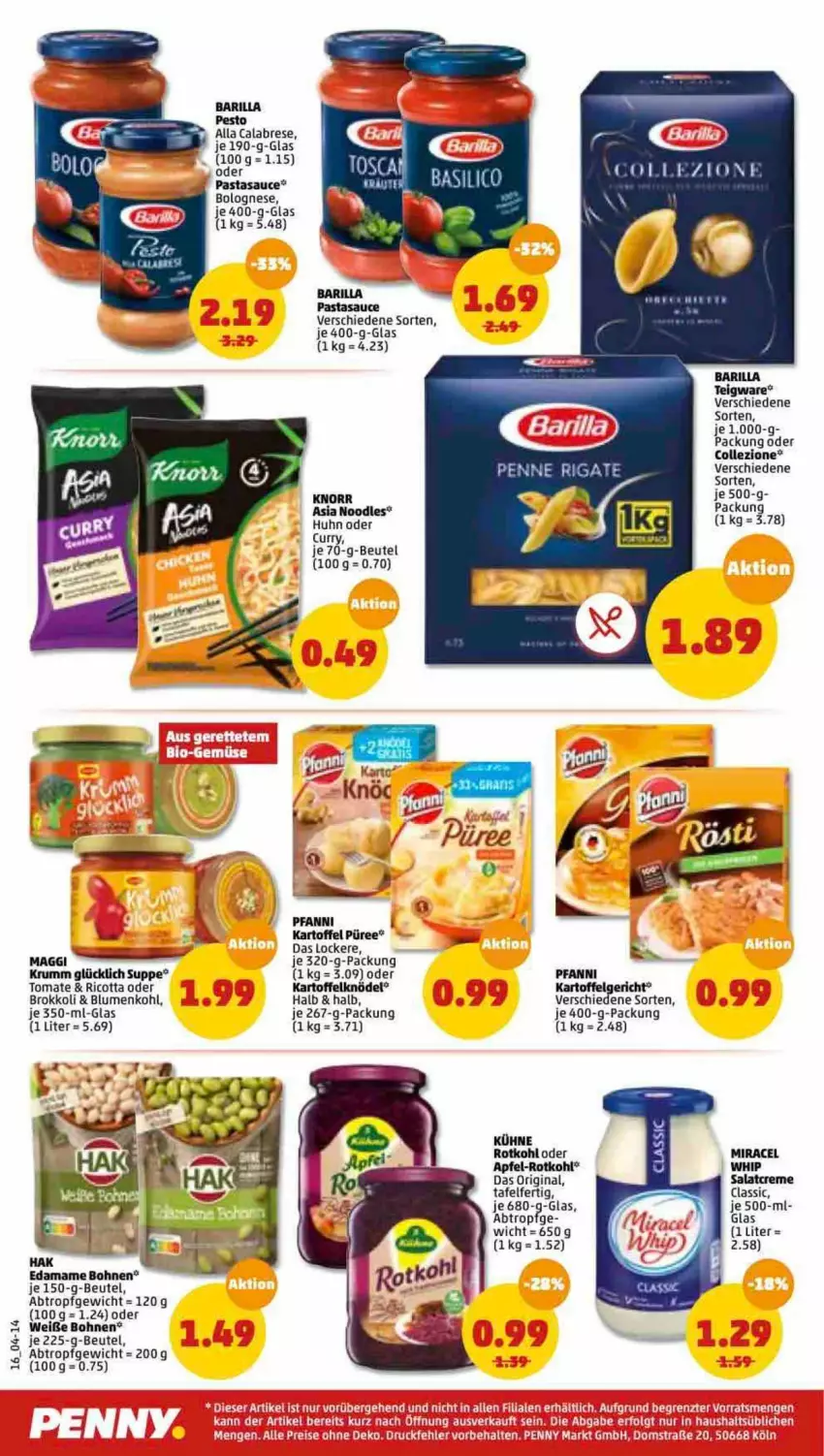 Aktueller Prospekt Penny - Prospekte - von 31.01 bis 05.02.2022 - strona 16 - produkty: apfel, barilla, beutel, blume, blumen, blumenkohl, bohne, bohnen, bolognese, brokkoli, creme, eis, gin, kartoffel, Kartoffelknödel, Knödel, knorr, Kühne, mam, miracel, pasta, pesto, pfanni, püree, reis, ricotta, rotkohl, rum, salat, salatcreme, sauce, Ti, tomate, Weiße Bohnen