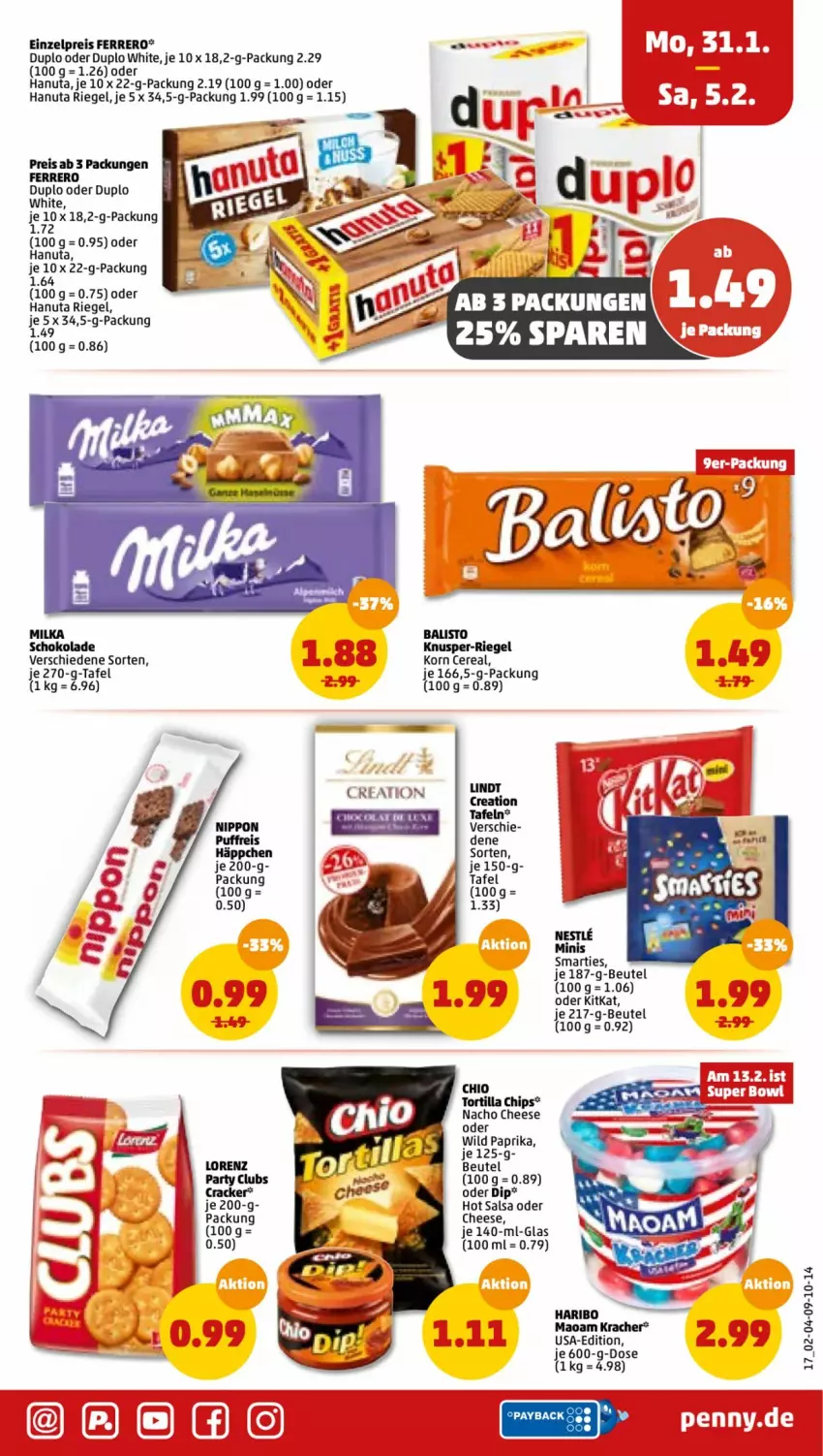 Aktueller Prospekt Penny - Prospekte - von 31.01 bis 05.02.2022 - strona 17 - produkty: balisto, beutel, chips, cracker, dip, duplo, eis, ferrero, hanuta, kitkat, korn, kracher, lindt, maoam, milka, milka schokolade, nacho, nacho cheese, nippon, paprika, Puffreis Häppchen, reis, riegel, Salsa, schoko, schokolade, Ti, tortilla, Tortilla Chips, Wild, wild paprika