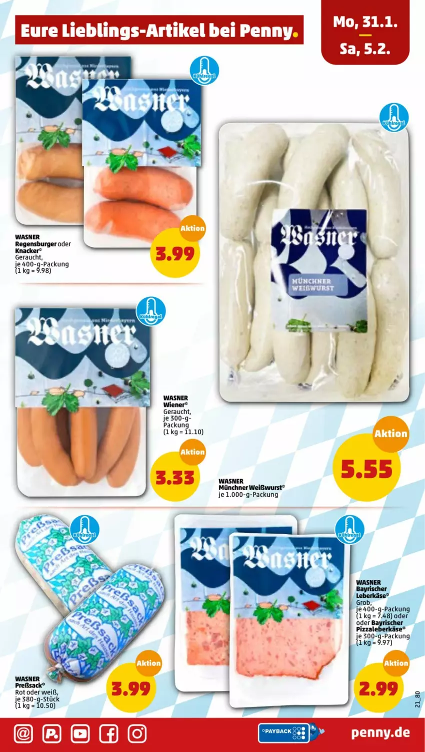 Aktueller Prospekt Penny - Prospekte - von 31.01 bis 05.02.2022 - strona 21 - produkty: burger, Käse, knacker, leberkäs, leberkäse, pizza, Rauch, regensburger, Ti, Weißwurst, wiener, wurst