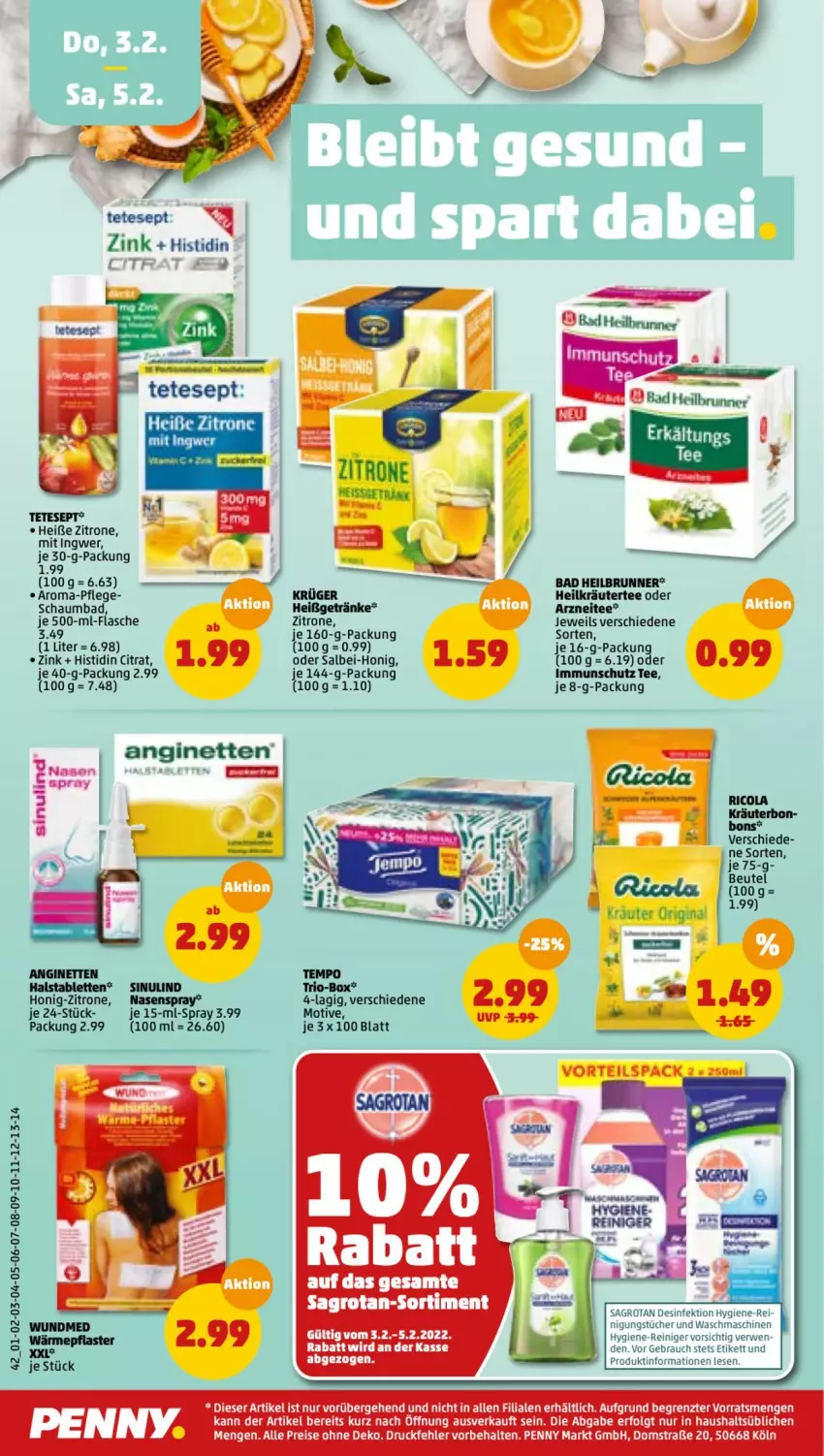 Aktueller Prospekt Penny - Prospekte - von 31.01 bis 05.02.2022 - strona 42 - produkty: Bad, beutel, Desinfektion, eis, flasche, getränk, getränke, gin, honig, hygiene-reiniger, ingwer, kräuter, krüger, LG, Nasenspray, Rauch, reiniger, reis, rwe, sagrotan, schaumbad, tablet, tablett, Tablette, tee, Tempo, Ti, tücher, waschmaschine, waschmaschinen, zitrone, ZTE