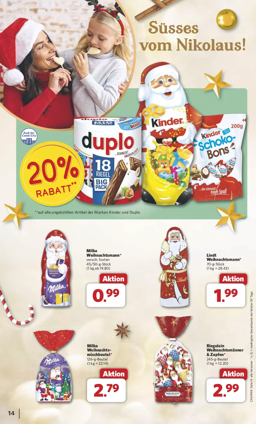 Aktueller Prospekt Combi - Prospekte - von 25.11 bis 30.11.2024 - strona 14 - produkty: beutel, duplo, eis, Kinder, lindt, milka, reis, riegel, Ti, ZTE