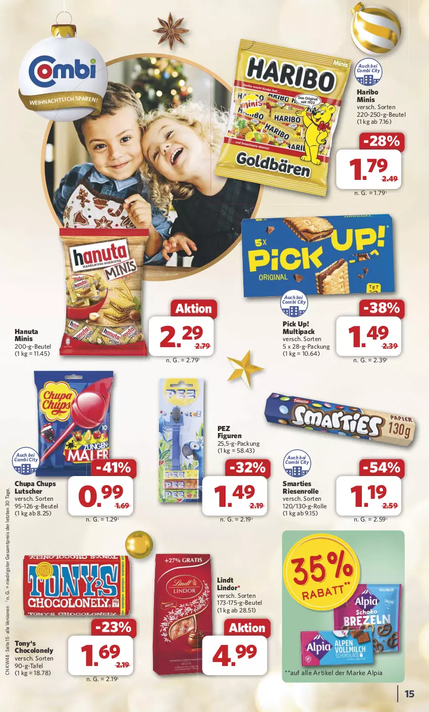 Aktueller Prospekt Combi - Prospekte - von 25.11 bis 30.11.2024 - strona 15 - produkty: alpia, beutel, chupa, chupa chups, eis, hanuta, haribo, lindor, lindt, Lutscher, Pick Up!, reis, smarties, Ti, ZTE