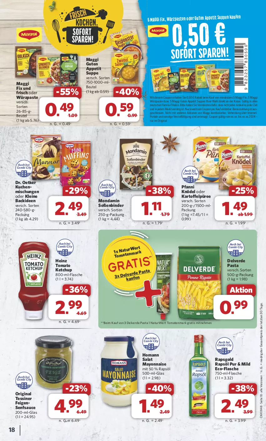 Aktueller Prospekt Combi - Prospekte - von 25.11 bis 30.11.2024 - strona 19 - produkty: beutel, Brei, coupon, Dr. Oetker, eis, erde, Feigen, flasche, gin, heinz, homann, kartoffel, Kartoffelpüree, ketchup, Knödel, kuchen, leine, maggi, maggi fix, mayonnaise, mondamin, natur, pasta, pfanni, püree, rapsöl, reis, rwe, salat, sauce, senf, Soße, suppe, suppen, Ti, tomate, tomaten, tomatenmark, tomato ketchup, Yo, ZTE