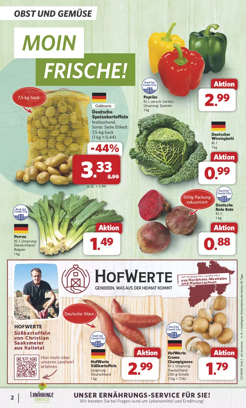 Aktueller Prospekt Combi - Prospekte - von 25.11 bis 30.11.2024 - strona 2 - produkty: champignon, champignons, creme, eier, eis, kartoffel, kartoffeln, lebensmittel, LG, obst, Obst und Gemüse, paprika, reis, rote bete, sac, Schal, Schale, speisekartoffeln, Süßkartoffeln, Ti, und gemüse, Wirsing, Wirsingkohl, ZTE