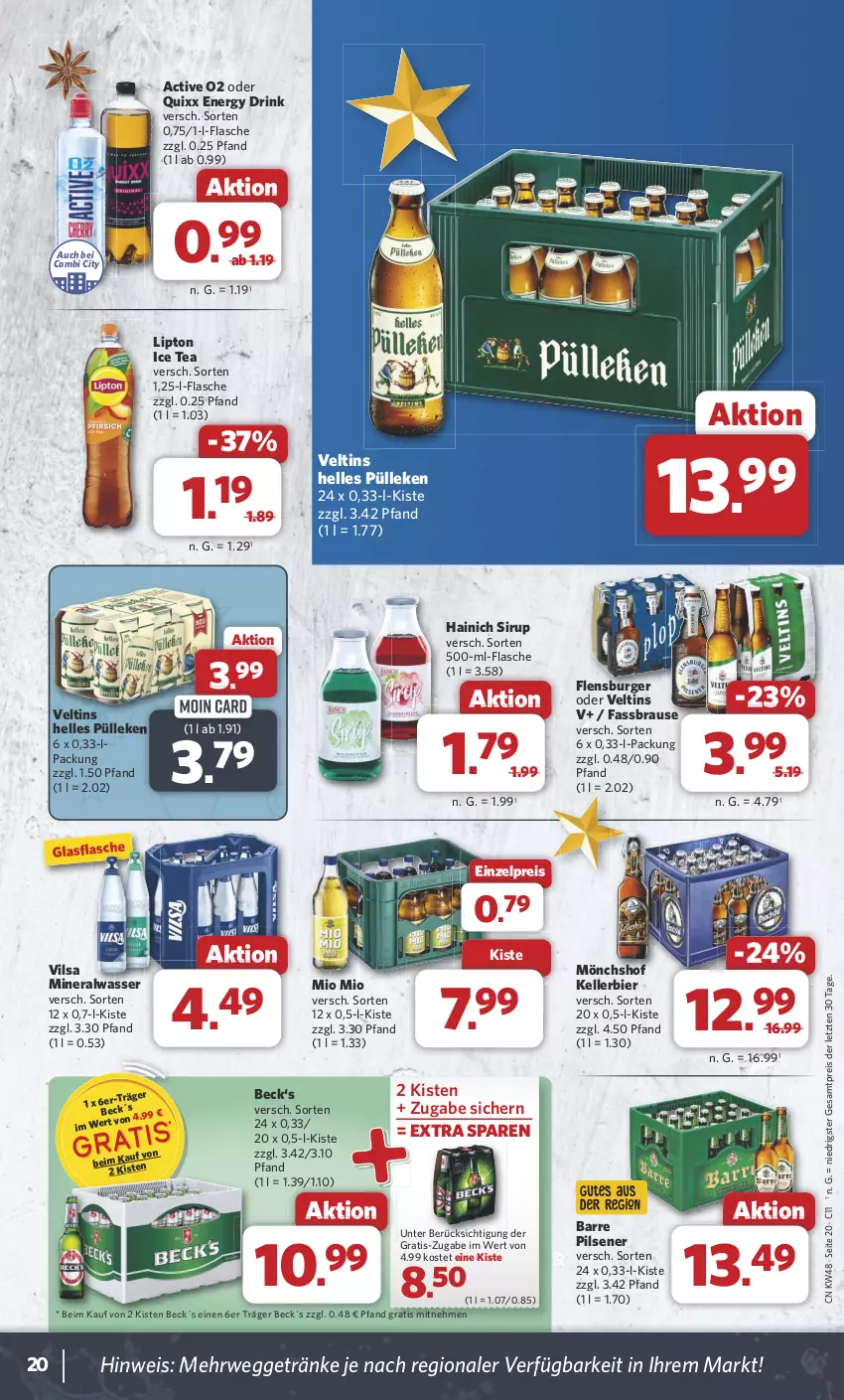 Aktueller Prospekt Combi - Prospekte - von 25.11 bis 30.11.2024 - strona 21 - produkty: Alwa, bier, brause, burger, drink, eis, elle, energy drink, fassbrause, flasche, flensburger, getränk, getränke, glasflasche, ice tea, kellerbier, lipton, lipton ice tea, mineralwasser, Mio Mio, mönchshof, pils, pilsener, Quixx, reis, rwe, sirup, Ti, veltins, vilsa, wasser, ZTE