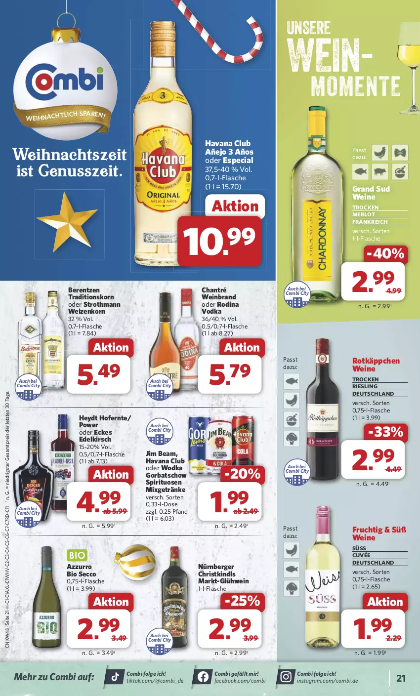 Aktueller Prospekt Combi - Prospekte - von 25.11 bis 30.11.2024 - strona 22 - produkty: berentzen, Berger, bio, chantré, cuvée, ecco, eis, ente, flasche, frucht, getränk, getränke, Glühwein, Gorbatschow, grand sud, Havana Club, jim beam, kirsch, korn, LG, merl, merlot, Mixgetränk, nürnberger, nuss, reis, riesling, rotkäppchen, spirituosen, Ti, vodka, wein, weinbrand, weine, weizenkorn, wodka, ZTE