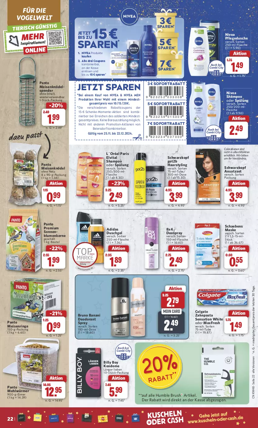 Aktueller Prospekt Combi - Prospekte - von 25.11 bis 30.11.2024 - strona 23 - produkty: Adidas, beutel, Billy Boy, blume, blumen, bruno banani, colgate, Colorationen, coupon, coupons, deo, deodorant, deospray, dusche, duschgel, eier, eimer, eis, elvital, ente, flasche, got2b, Knödel, Kondome, L´Oréal, LG, Maske, mehl, Meisenknödel, nivea, Nivea Men, pasta, pflegedusche, reis, ring, rwe, Schaebens, schwarzkop, schwarzkopf, shampoo, shampoo oder spülung, sofortrabatt, spülung, Ti, vita, zahnpasta, ZTE