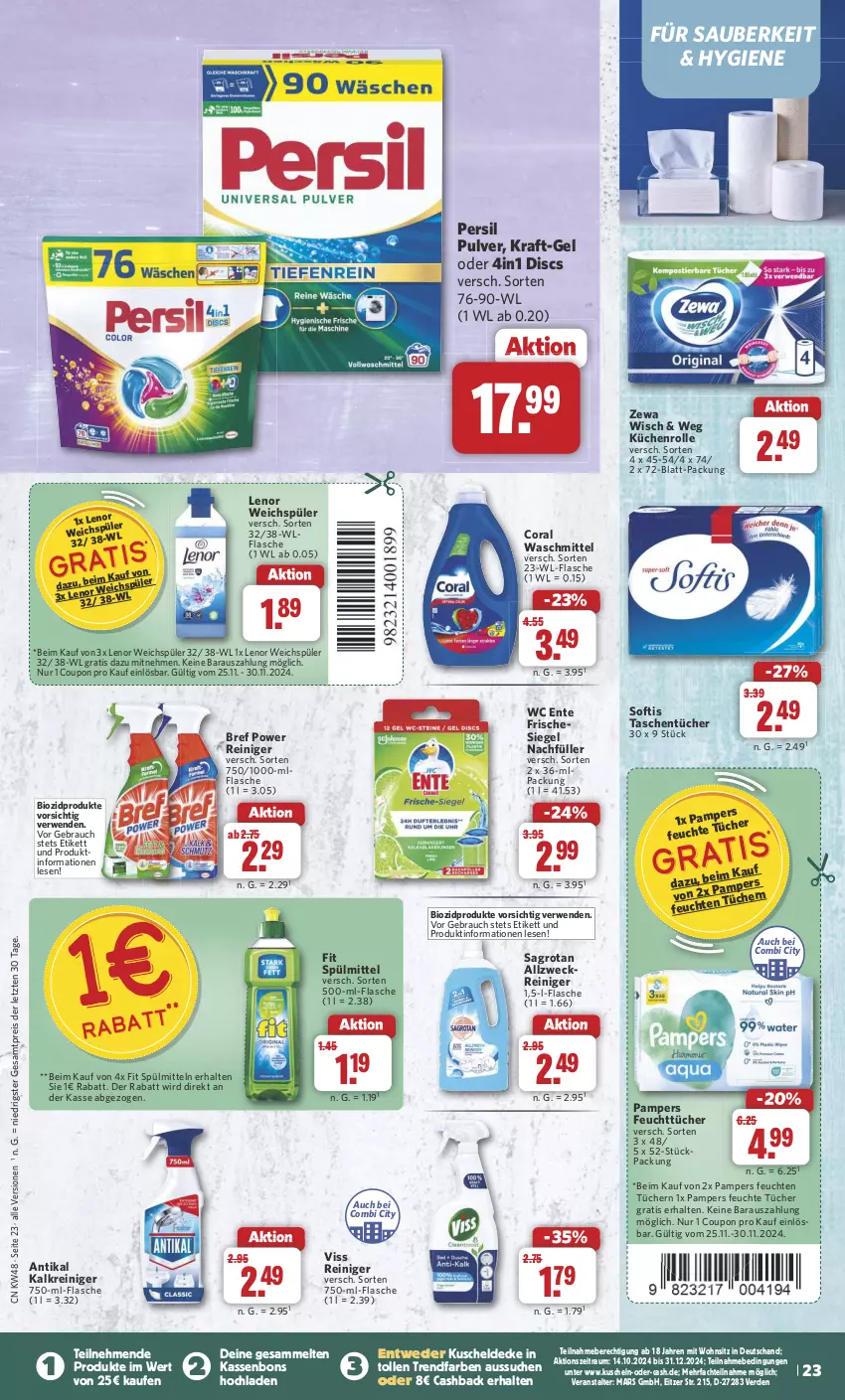 Aktueller Prospekt Combi - Prospekte - von 25.11 bis 30.11.2024 - strona 24 - produkty: allzweckreiniger, bio, biozidprodukte, Bref, bref power, Coral, coupon, decke, eis, ente, erde, feuchte tücher, feuchttücher, flasche, Kalkreiniger, kraft, küche, Küchen, küchenrolle, kuscheldecke, lenor, lenor weichspüler, mars, pampers, persil, Rauch, reiniger, reis, rwe, sagrotan, spülmittel, Tasche, taschen, taschentücher, Ti, tücher, waschmittel, wc ente, weck, weichspüler, zewa, ZTE