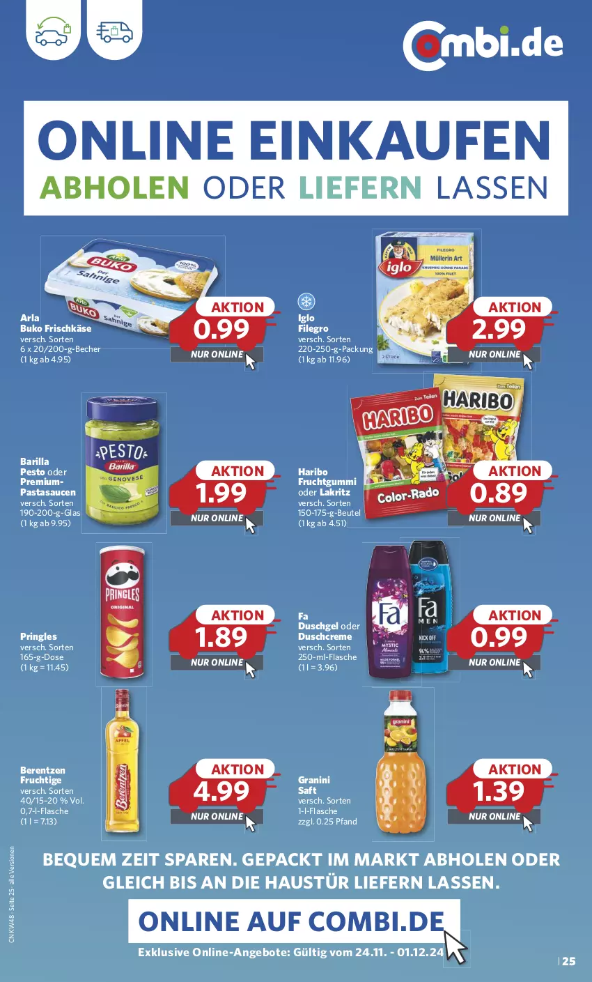 Aktueller Prospekt Combi - Prospekte - von 25.11 bis 30.11.2024 - strona 26 - produkty: angebot, angebote, arla, arla buko, aust, barilla, Becher, berentzen, beutel, Buko, creme, duschcreme, duschgel, eis, fa duschgel, filegro, flasche, frischkäse, frucht, fruchtgummi, granini, haribo, iglo, Käse, Lakritz, oder lakritz, pasta, pesto, pringles, reis, ring, saft, sauce, saucen, Ti, ZTE