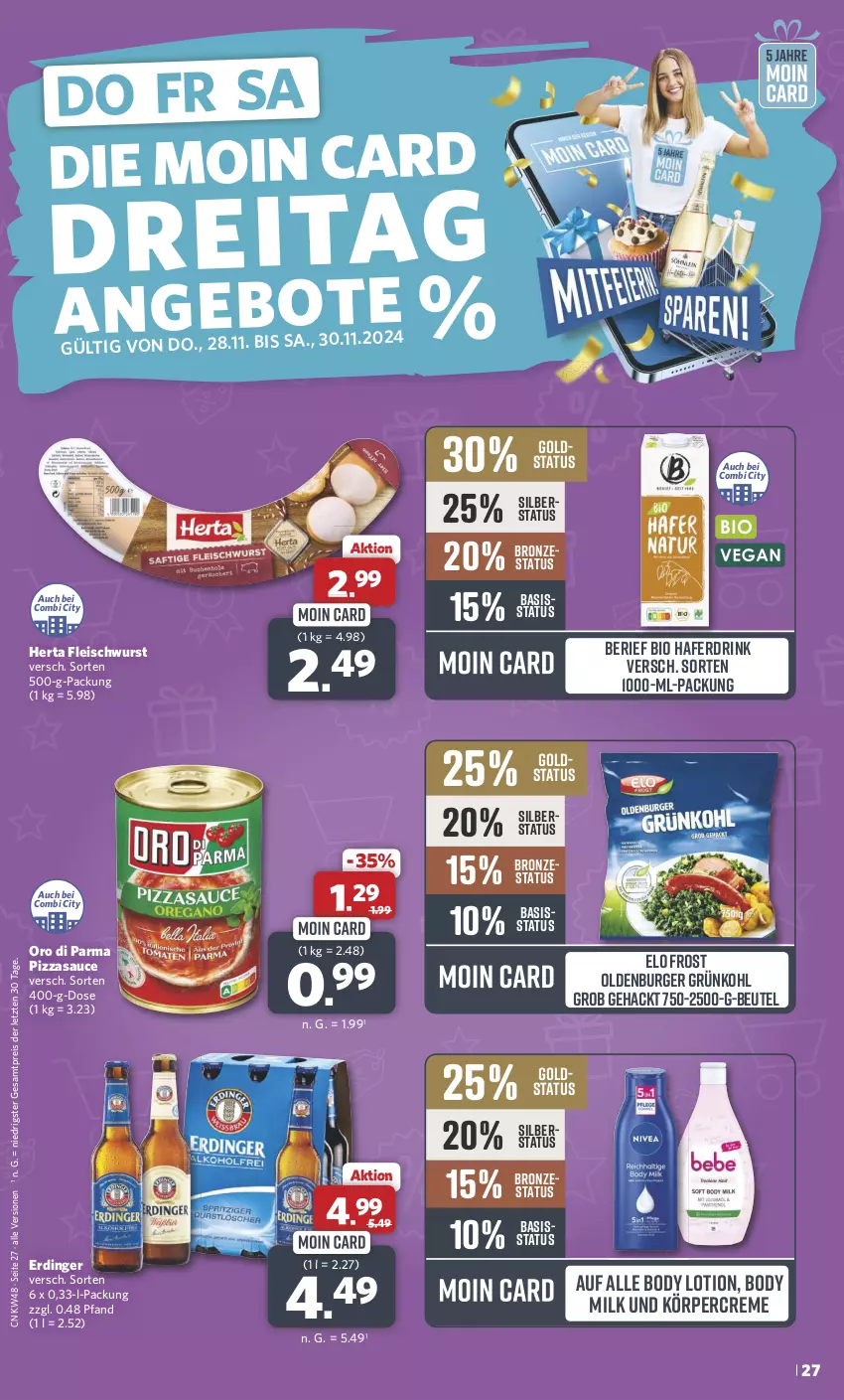 Aktueller Prospekt Combi - Prospekte - von 25.11 bis 30.11.2024 - strona 28 - produkty: beutel, bio, body, body lotion, body milk, burger, creme, drink, eis, erdinger, fleisch, fleischwurst, hafer, Haferdrink, herta, Körpercreme, Lotion, oro di parma, pizza, reis, sauce, Ti, wurst, ZTE