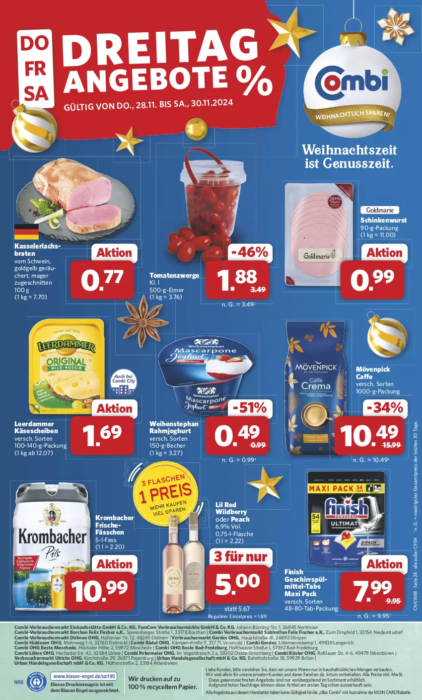 Aktueller Prospekt Combi - Prospekte - von 25.11 bis 30.11.2024 - strona 29 - produkty: aeg, angebot, angebote, auer, Bad, Becher, Berger, braten, caffe, drucker, eier, eimer, eis, Engel, erde, felix, Finish, fisch, fische, Fischer, flasche, geschirr, geschirrspülmittel, joghur, joghurt, Käse, käsescheiben, kasseler, kerze, krombache, krombacher, lachs, Lachsbraten, leerdammer, mövenpick, nuss, papier, rahmjoghurt, Rauch, reis, salz, schinken, schinkenwurst, schnitten, schwein, spülmittel, Ti, tomate, tomaten, weihenstephan, wein, Wild, wurst, ZTE