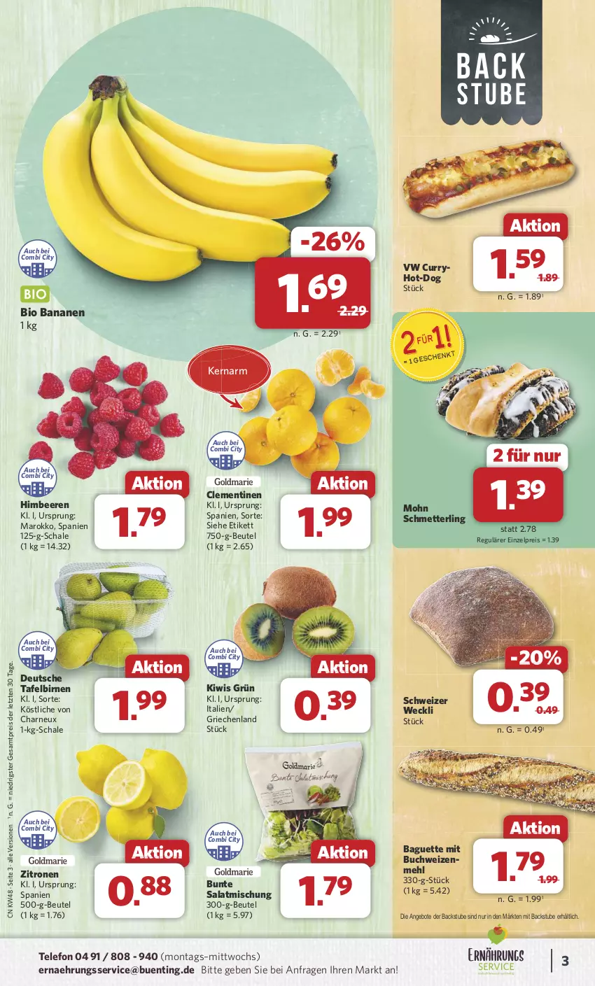 Aktueller Prospekt Combi - Prospekte - von 25.11 bis 30.11.2024 - strona 3 - produkty: angebot, angebote, baguette, banane, bananen, beere, beeren, beutel, bio, Birnen, buch, clementinen, curry, eis, himbeer, himbeere, himbeeren, kiwi, mehl, Mett, reis, salat, Schal, Schale, Schmetterling, stube, tafelbirnen, telefon, Ti, weck, weizenmehl, zitrone, zitronen, ZTE