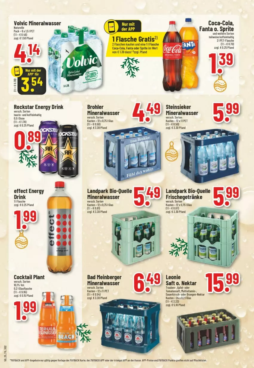 Aktueller Prospekt Trinkgut - Prospekte - von 07.12 bis 13.12.2025 - strona 2 - produkty: Alwa, angebot, angebote, apfel, Bad, Berger, bio, coca-cola, cocktail, cola, drink, Effect, eis, elle, energy drink, fanta, flasche, getränk, getränke, mineralwasser, natur, Nektar, orange, orangen, Orangen-Nektar, payback, pet-flasche, reifen, reis, rel, Rockstar, saft, sprite, Steinsieker, Ti, tomate, tomaten, Tomatensaft, trauben, vita, volvic, wasser
