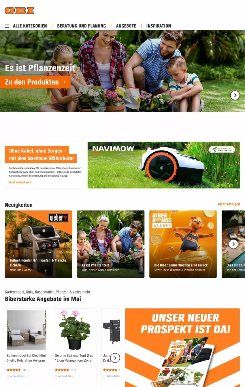 Aktueller Prospekt Obi - Prospekte - von 07.05 bis 15.05.2024 - strona 1 - produkty: angebot, angebote, Garten, gartenmöbel, geranie, grill, LG, mähroboter, möbel, Pelargonium, pflanze, pflanzen, rasen, rasenmäher, Ti, topf, ZTE