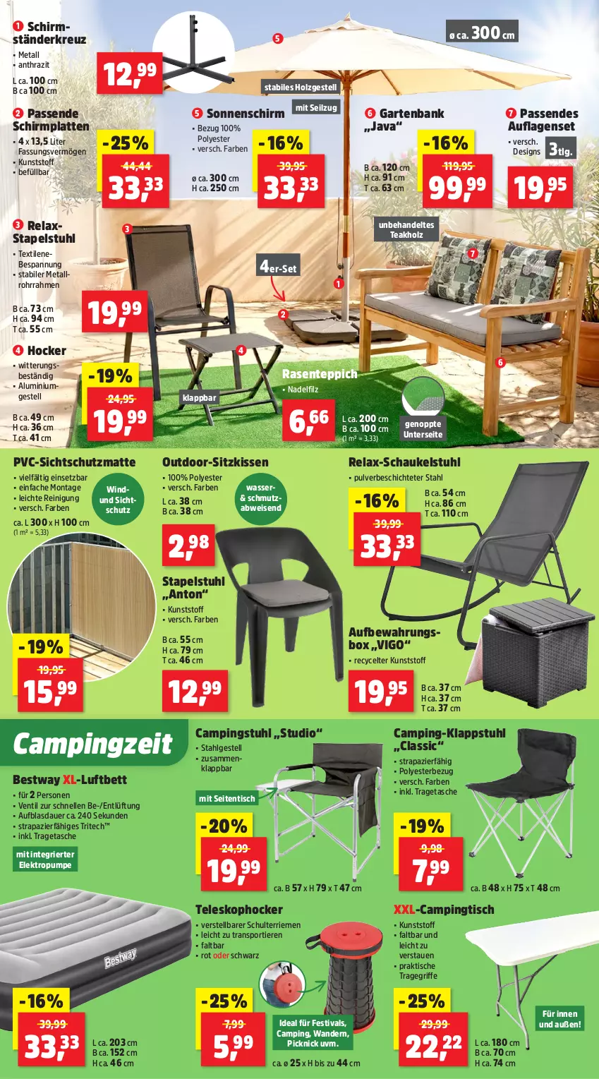 Aktueller Prospekt Thomas Philipps - von 23.03 bis 28.03.2026 - strona 12 - produkty: aluminiumgestell, auer, aufbewahrungsbox, Bank, bestway, bett, campingstuhl, Campingtisch, eis, Elektro, elle, ente, Garten, gartenbank, hocker, Holz, kissen, klappstuhl, latte, LG, luftbett, rasen, Reinigung, rel, Schaukel, schirmständer, sitzkissen, sonnenschirm, Sport, stapelstuhl, stuhl, Tasche, Teleskop, teppich, Ti, Tiere, tisch, tragegriff, tragetasche, wasser