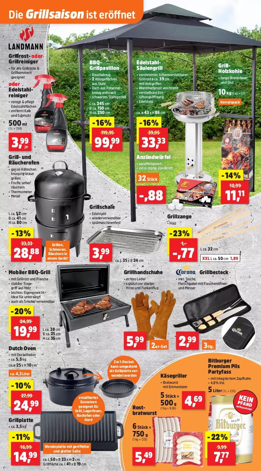 Aktueller Prospekt Thomas Philipps - von 23.03 bis 28.03.2026 - strona 13 - produkty: auer, backofen, besteck, bitburger, bratwurst, braun, burger, decke, Deckel, edelstahl, eis, emmentaler, erde, fisch, fische, flasche, flaschenöffner, fleisch, gabel, grill, grillfläche, Grillhandschuhe, grillholzkohle, Grillpavillon, grillplatte, Grillreiniger, grillrost, grillzange, handschuhe, hero, Holz, holzkohle, Käse, kraft, latte, LG, messer, ndk, Ofen, pavillon, pils, premium pils, Rauch, reiniger, rostbratwurst, rwe, Säulengrill, Schal, Schale, schuhe, spülmaschinen, Tasche, thermometer, Ti, tragegriff, würfel, wurst