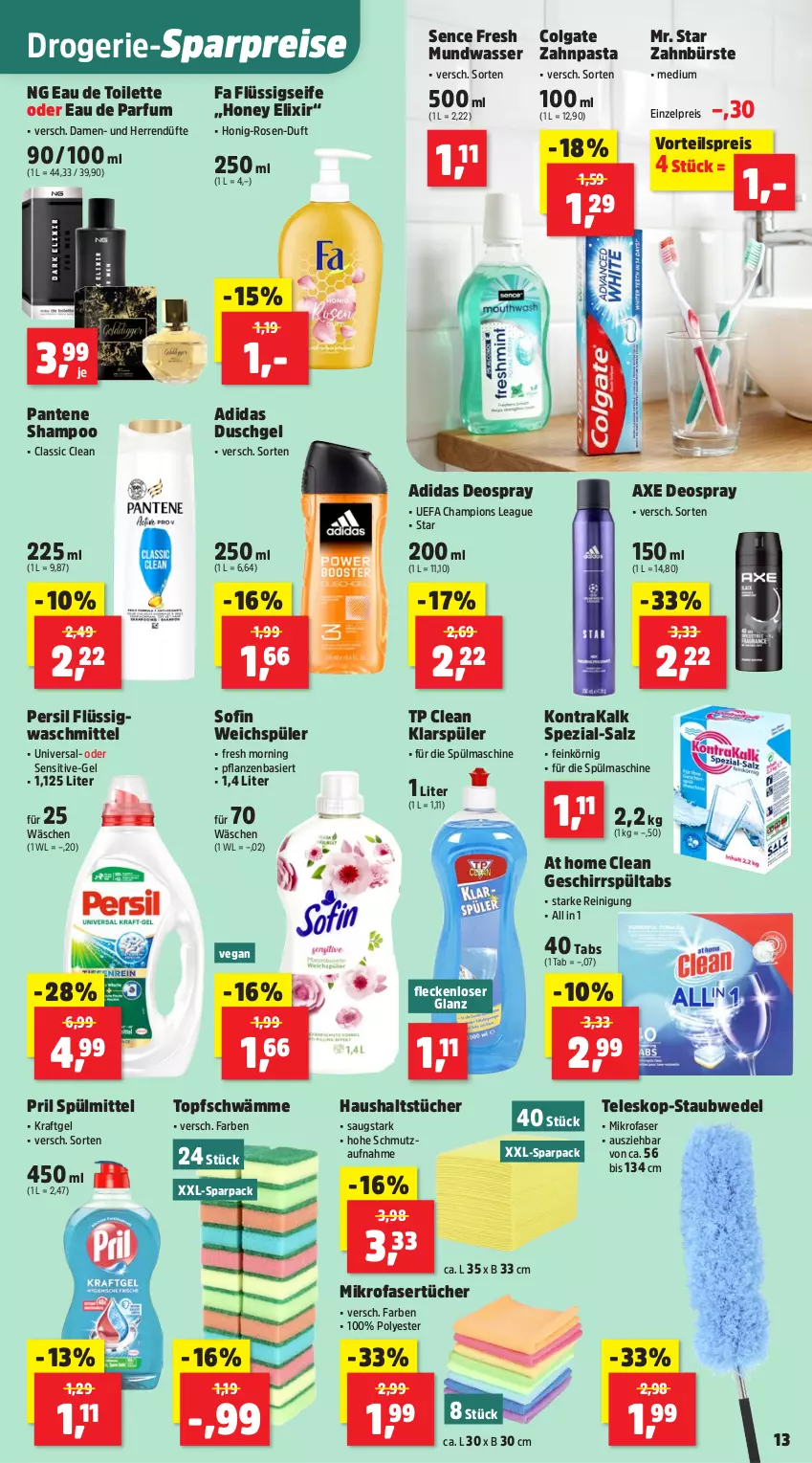 Aktueller Prospekt Thomas Philipps - von 23.03 bis 28.03.2026 - strona 19 - produkty: Adidas, axe, bürste, champion, colgate, deo, deospray, duschgel, Eau de parfum, eau de toilette, eis, flüssigseife, geschirr, honig, klarspüler, kraft, LG, mikrofaser, mundwasser, pantene, parfum, pasta, persil, pflanze, pflanzen, pril, Reinigung, reis, rosen, salz, Seife, shampoo, Spezi, spülmittel, staubwedel, Teleskop, Ti, topf, tücher, vorteilspreis, waschmittel, wasser, wedel, zahnbürste, zahnpasta