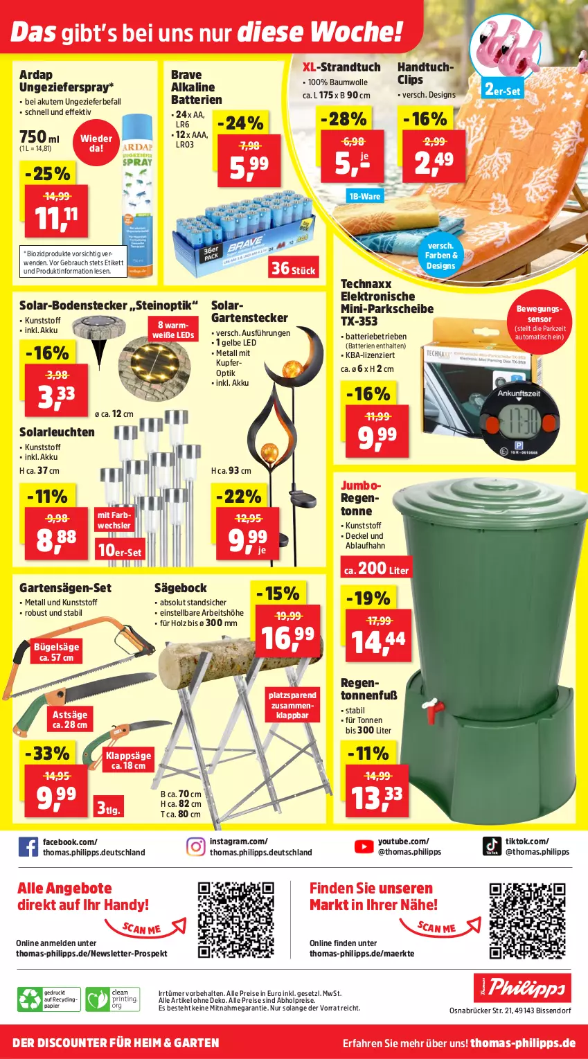 Aktueller Prospekt Thomas Philipps - von 23.03 bis 28.03.2026 - strona 22 - produkty: abholpreise, akku, alle preise sind abholpreise, angebot, angebote, auto, batterie, batterien, Bau, baumwolle, Bewegungssensor, bio, biozidprodukte, bügel, Clin, decke, Deckel, discount, eis, Elektro, Garten, handtuch, Handy, Holz, jumbo, leds, Leuchte, leuchten, LG, papier, Rauch, reis, rwe, säge, solarleuchte, strandtuch, technaxx, Ti, tisch, tuc, wolle, Yo