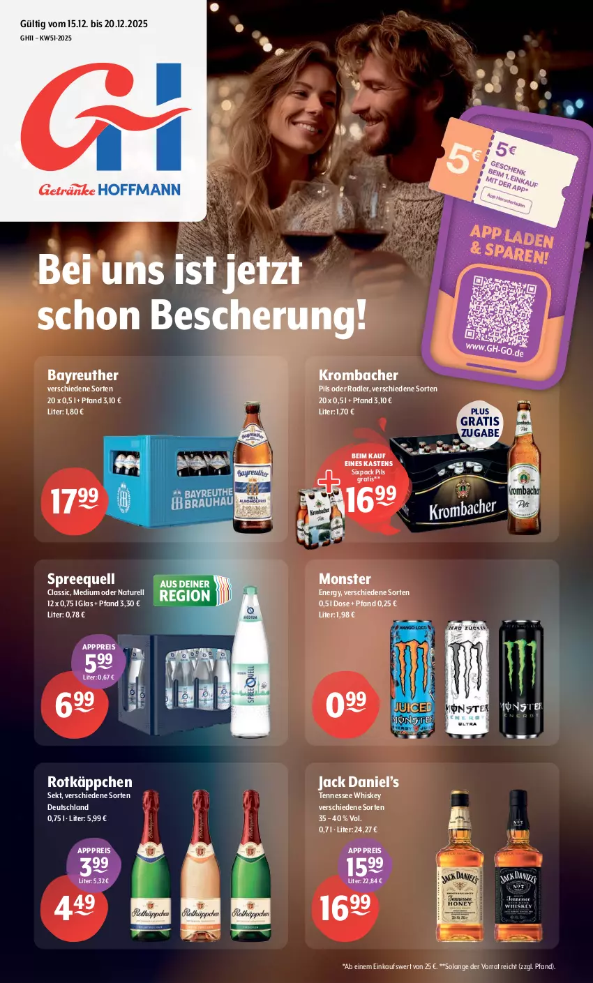 Aktueller Prospekt Getraenke Hoffmann - Prospekte - von 15.12 bis 20.12.2025 - strona 1 - produkty: eis, jack daniel, Jack Daniel’s, krombache, krombacher, monster, natur, oder radler, pils, radler, reis, rel, rotkäppchen, sekt, Spreequell, tennessee whiskey, Ti, whiskey