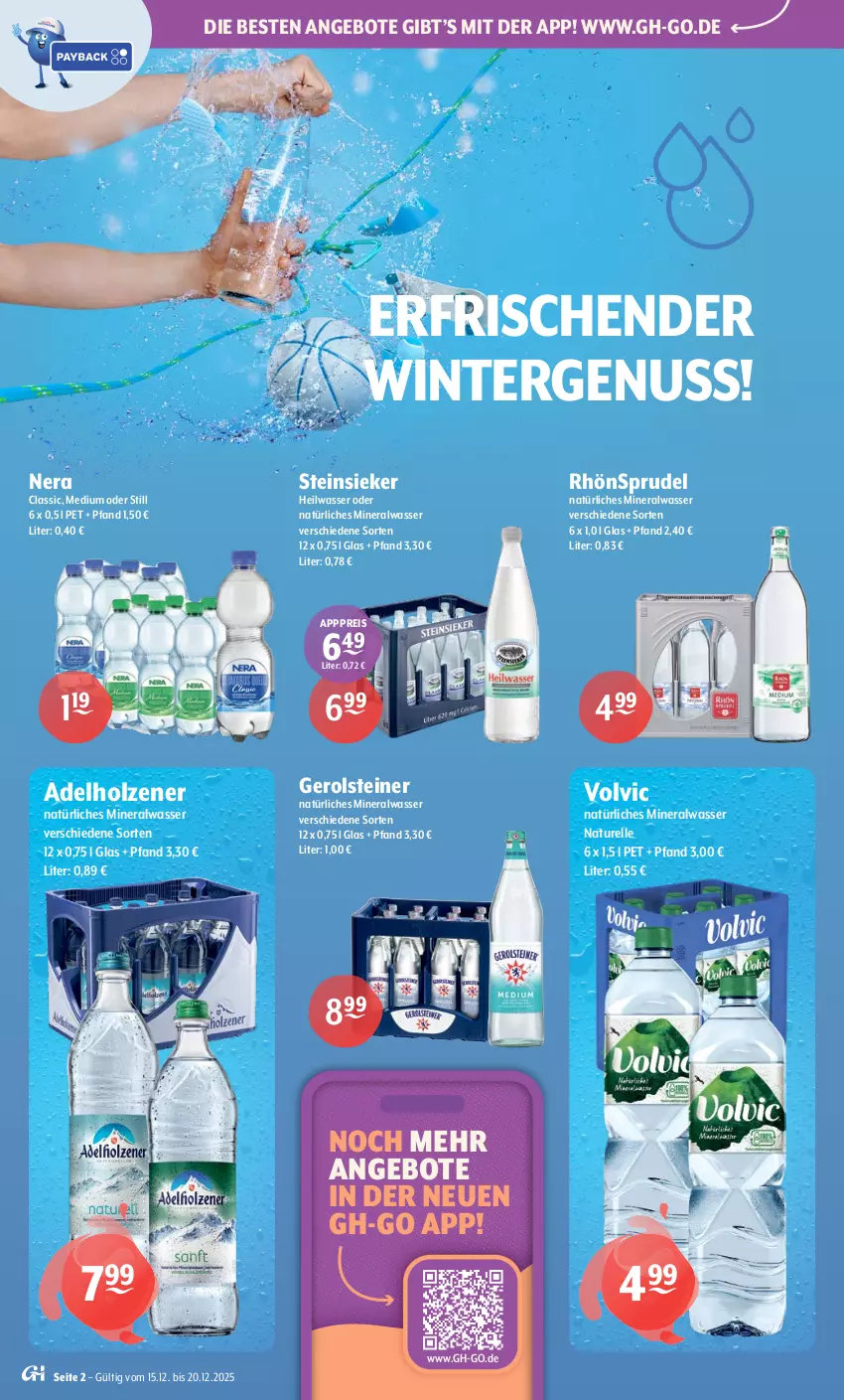 Aktueller Prospekt Getraenke Hoffmann - Prospekte - von 15.12 bis 20.12.2025 - strona 2 - produkty: adelholzener, Alwa, angebot, angebote, eis, elle, gerolsteine, gerolsteiner, Holz, mineralwasser, natur, natürliches mineralwasser, nuss, reis, rel, RhönSprudel, Sprudel, steiner, Steinsieker, Ti, volvic, volvic natürliches, wasser